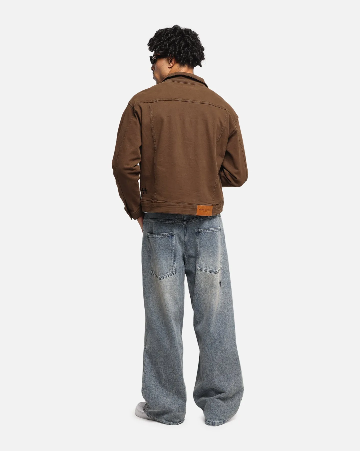 Saint Morta Trucker Denim Jacket Vintage Brown Zippered Pocket Design