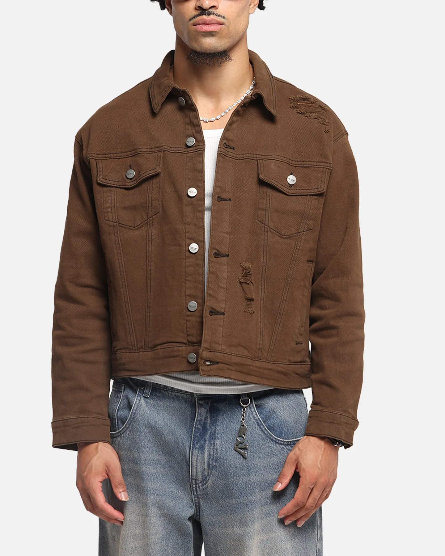 Zippered Pocket Design Wedding Saint Morta Trucker Denim Jacket Vintage Brown