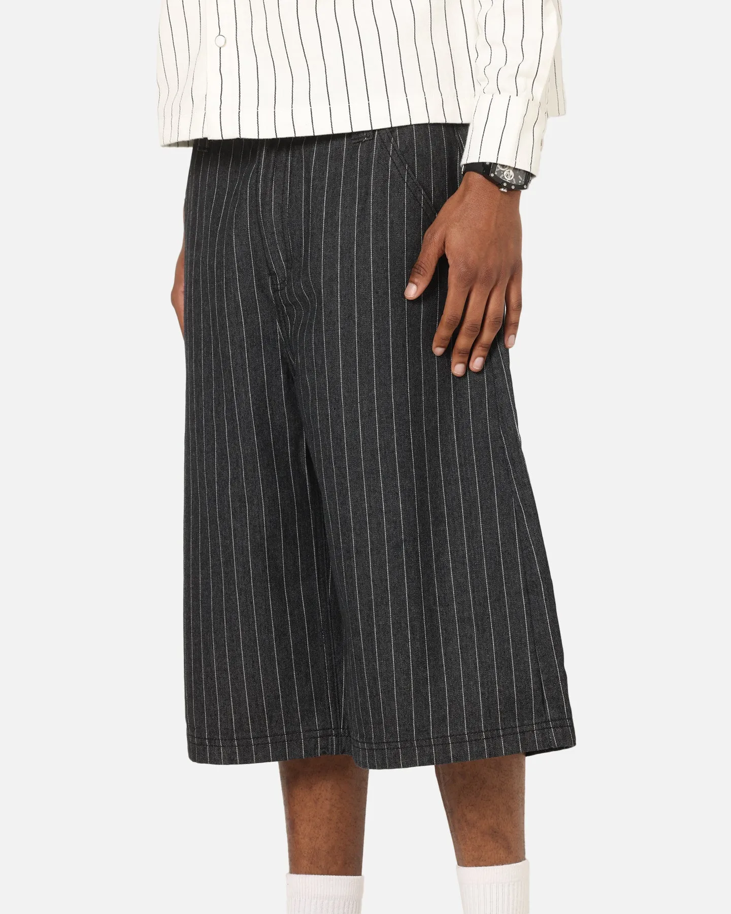 Ed Hardy Shinjuku Jorts Black Pinstripe Versatile Design Wrinkle Free Fabric