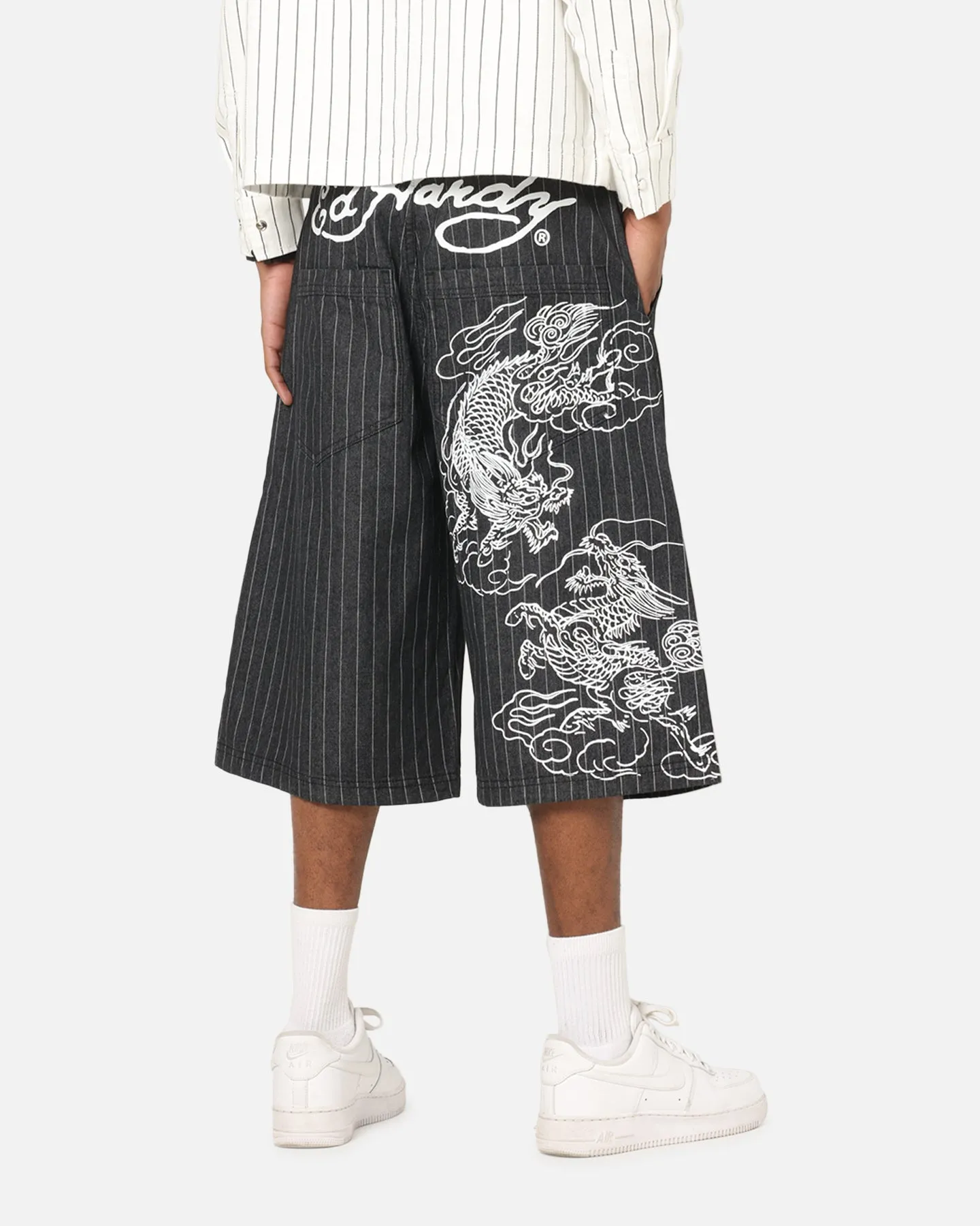Ed Hardy Shinjuku Jorts Black Pinstripe Convertible legs Loose Design