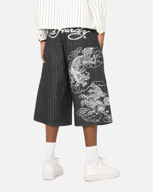Ed Hardy Shinjuku Jorts Black Pinstripe Convertible legs Loose Design