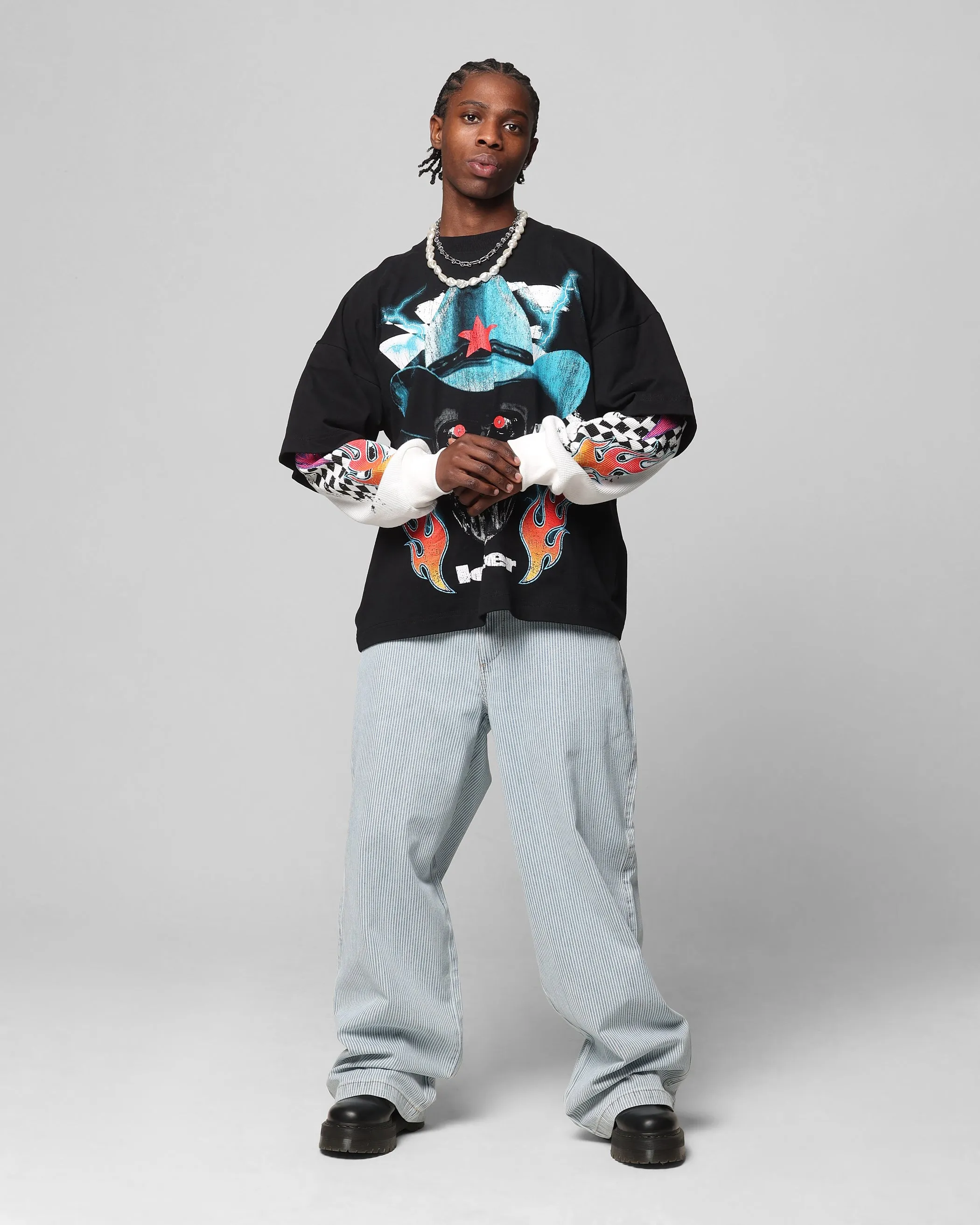 slow life Loiter Daytona Layered Long Sleeve T-Shirt Black/White