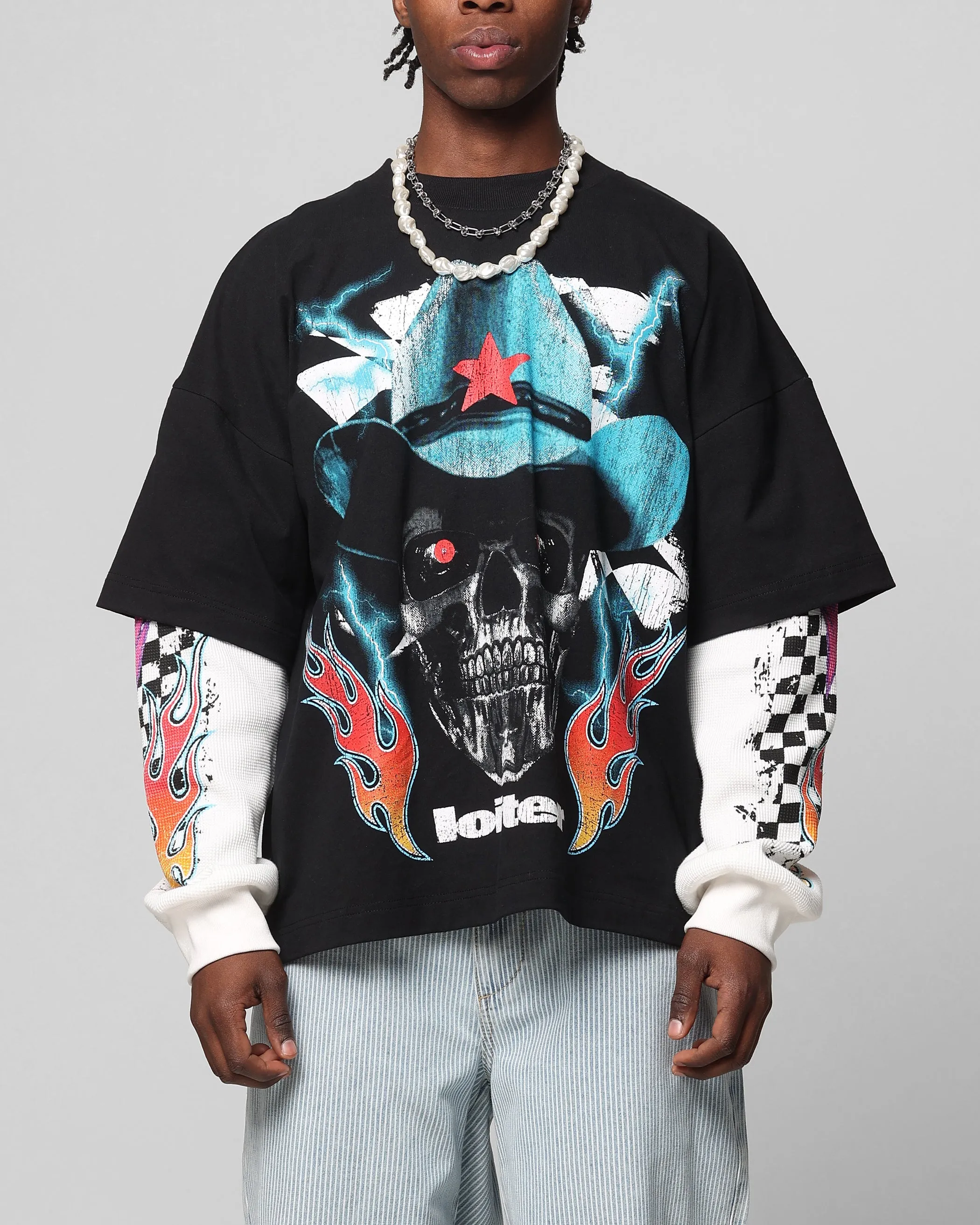 Cozy clothing Meta Mood Loiter Daytona Layered Long Sleeve T-Shirt Black/White