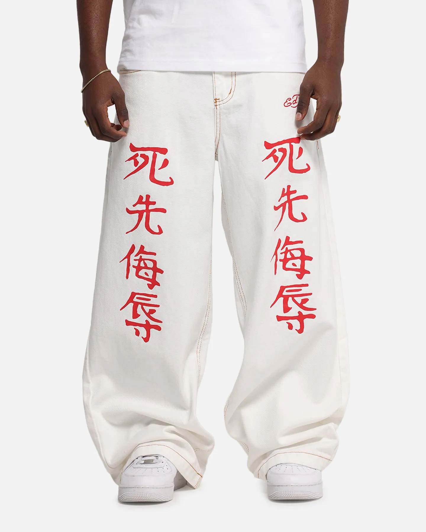 Seamless Waistband Layered Wear Ed Hardy Death Before Dishonour Jeans Off White