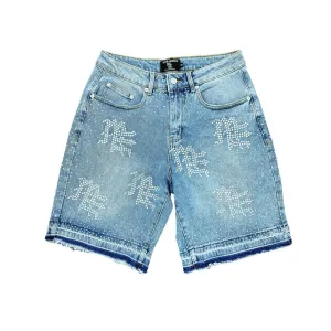 Unique Cut All-Occasion Mixed Emotion 'ME' Rhinestone Blue Denim Shorts