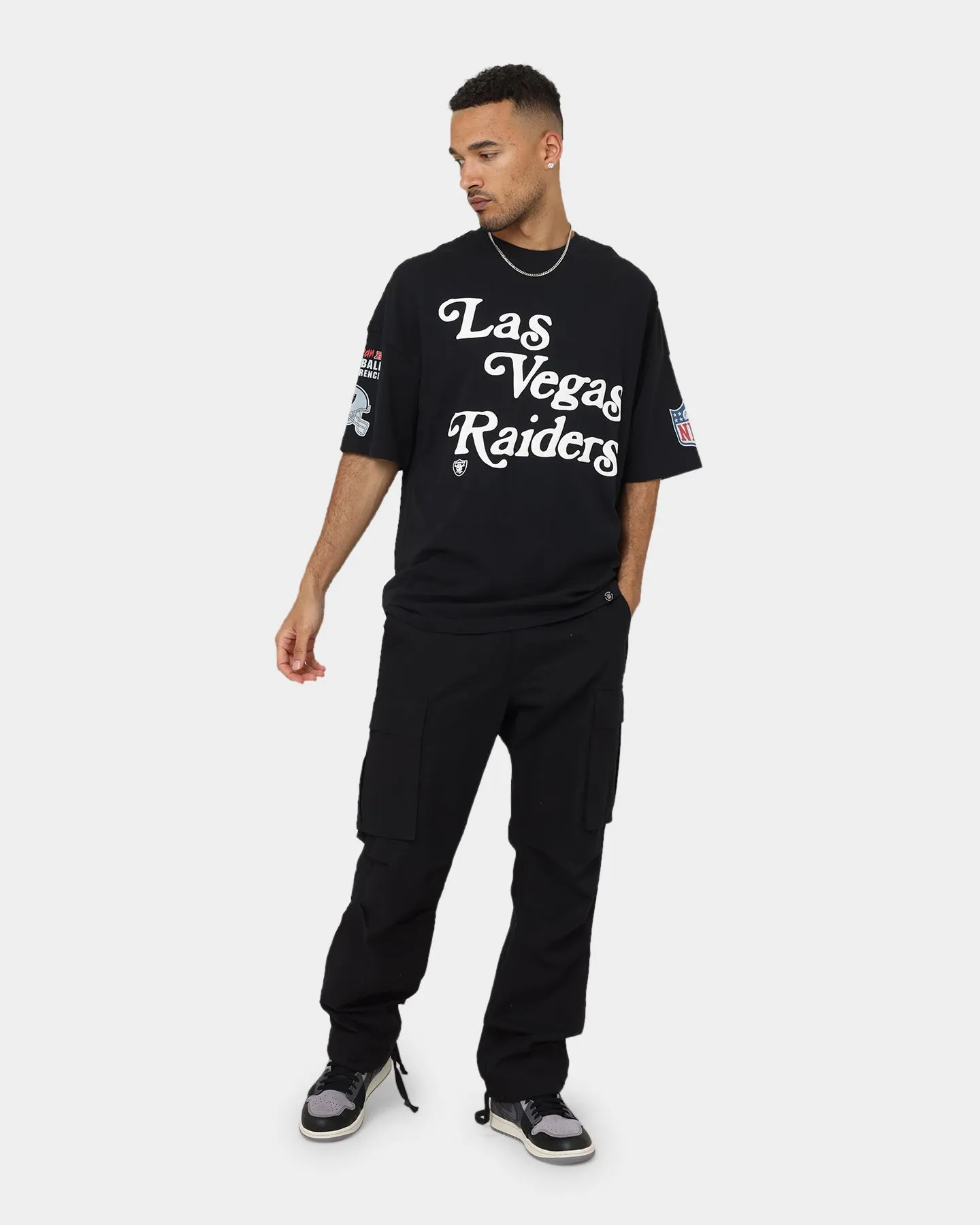 Majestic Athletic Las Vegas Raiders Puff Print Patch Oversized T-Shirt Faded Black hiking clothes short sleeved