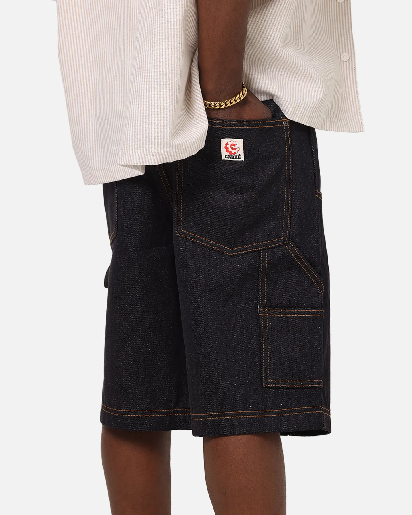 Carre Work Jorts Dark Washed Indigo Vegan Leather Breathable Lining
