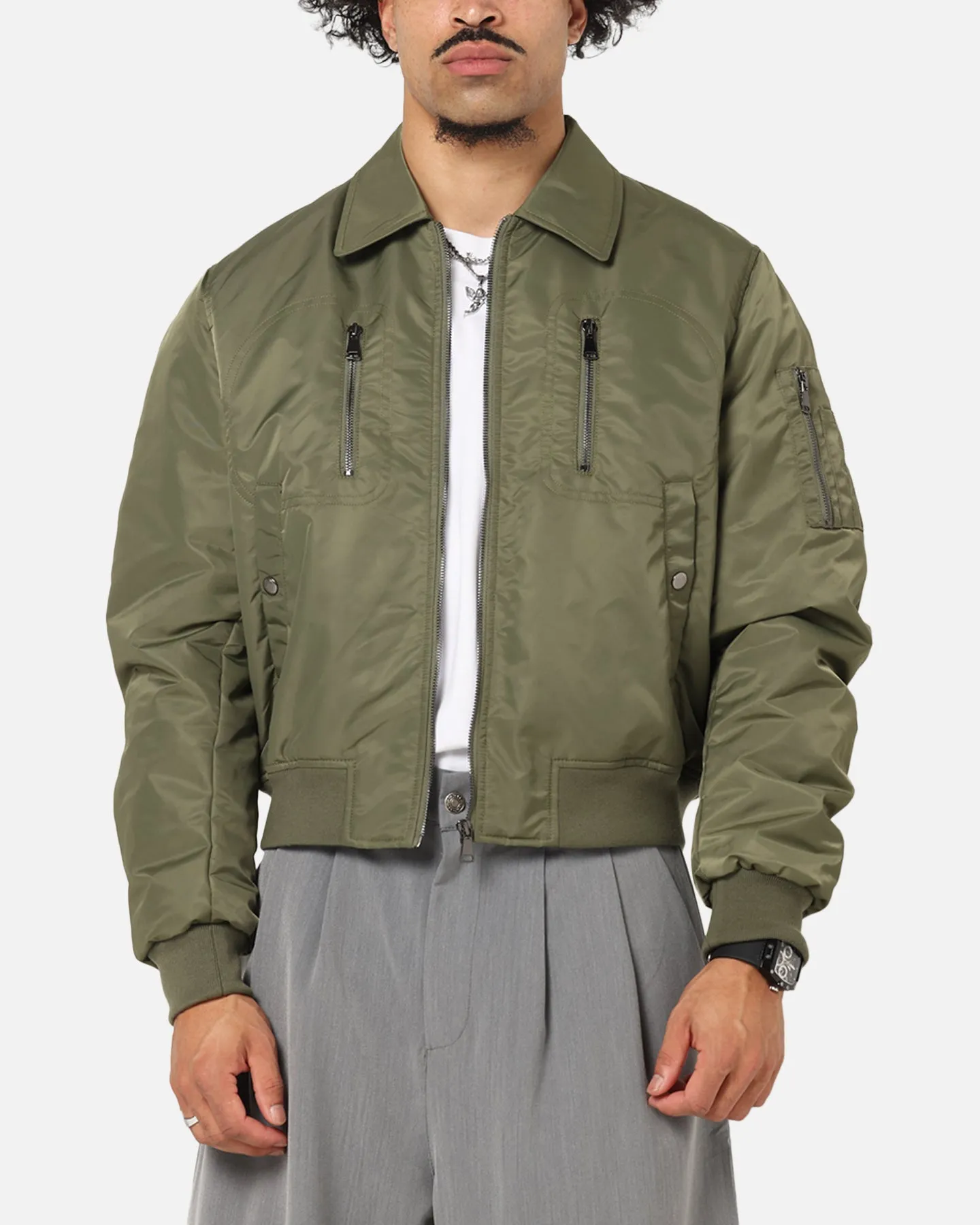 XXIII Collared Bomber Jacket Khaki Breathable mesh