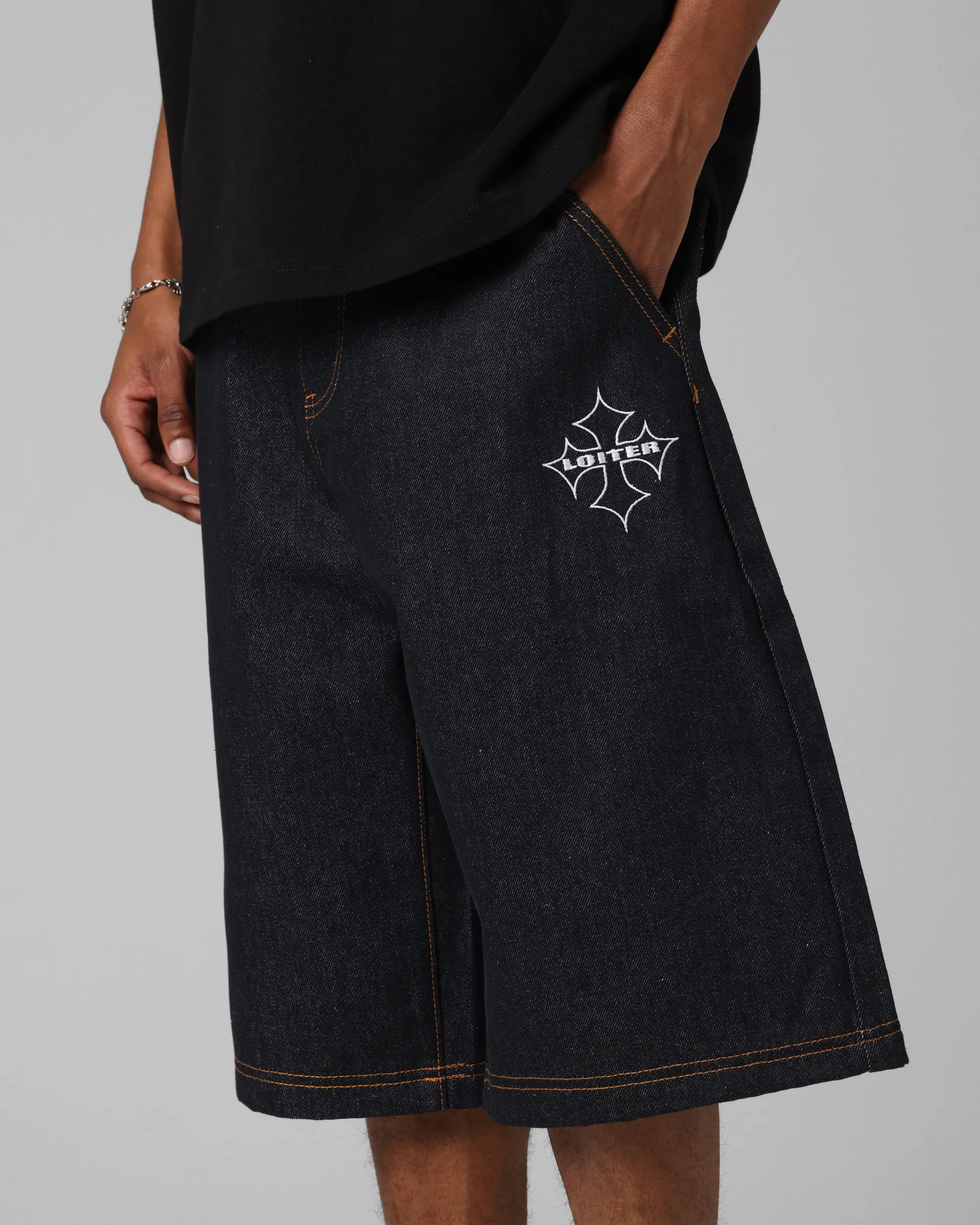 Loiter F-16 Denim Jorts Indigo Active Fit Belt loops