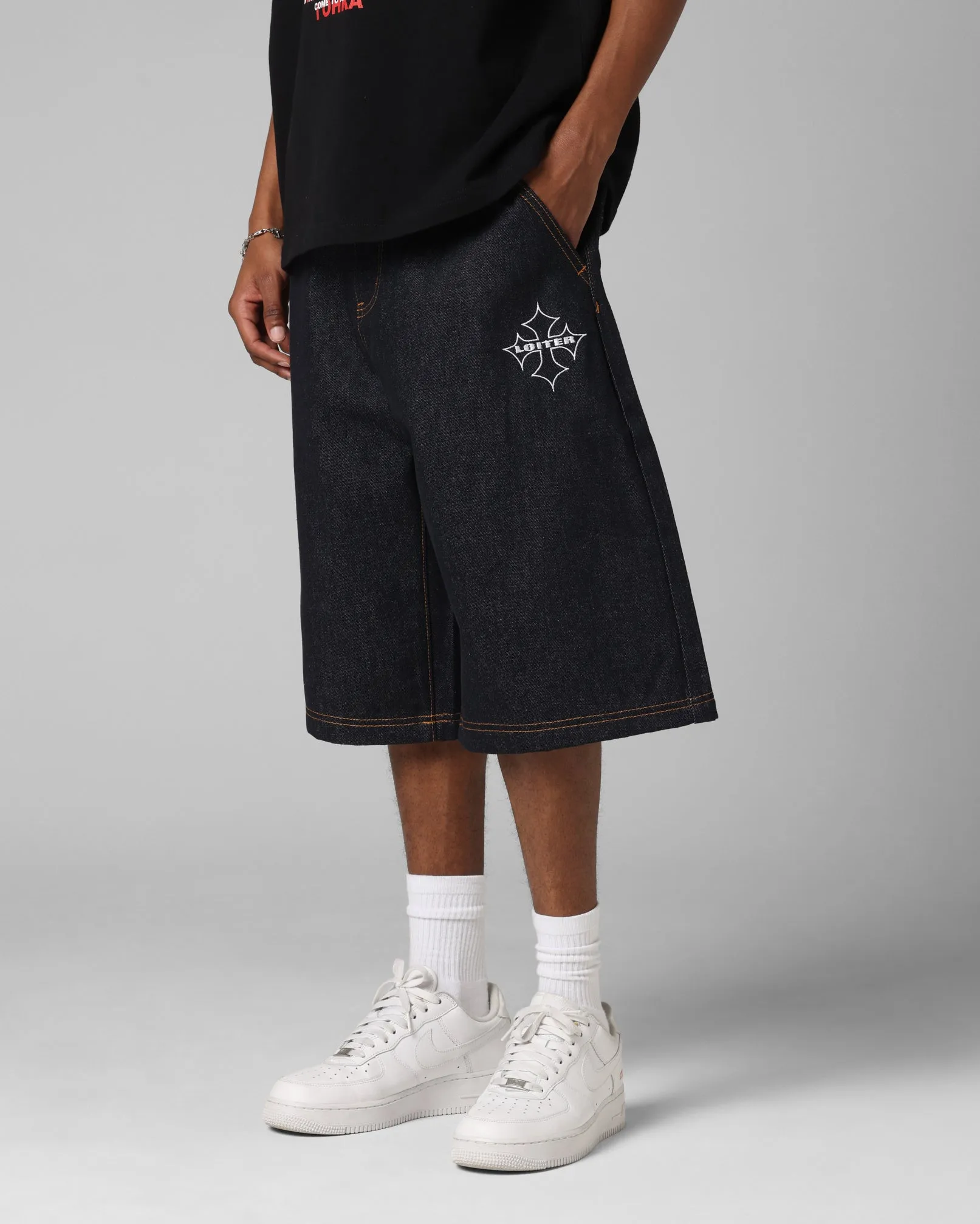 Adjustable Closure Wrinkle Resistant Finish Loiter F-16 Denim Jorts Indigo