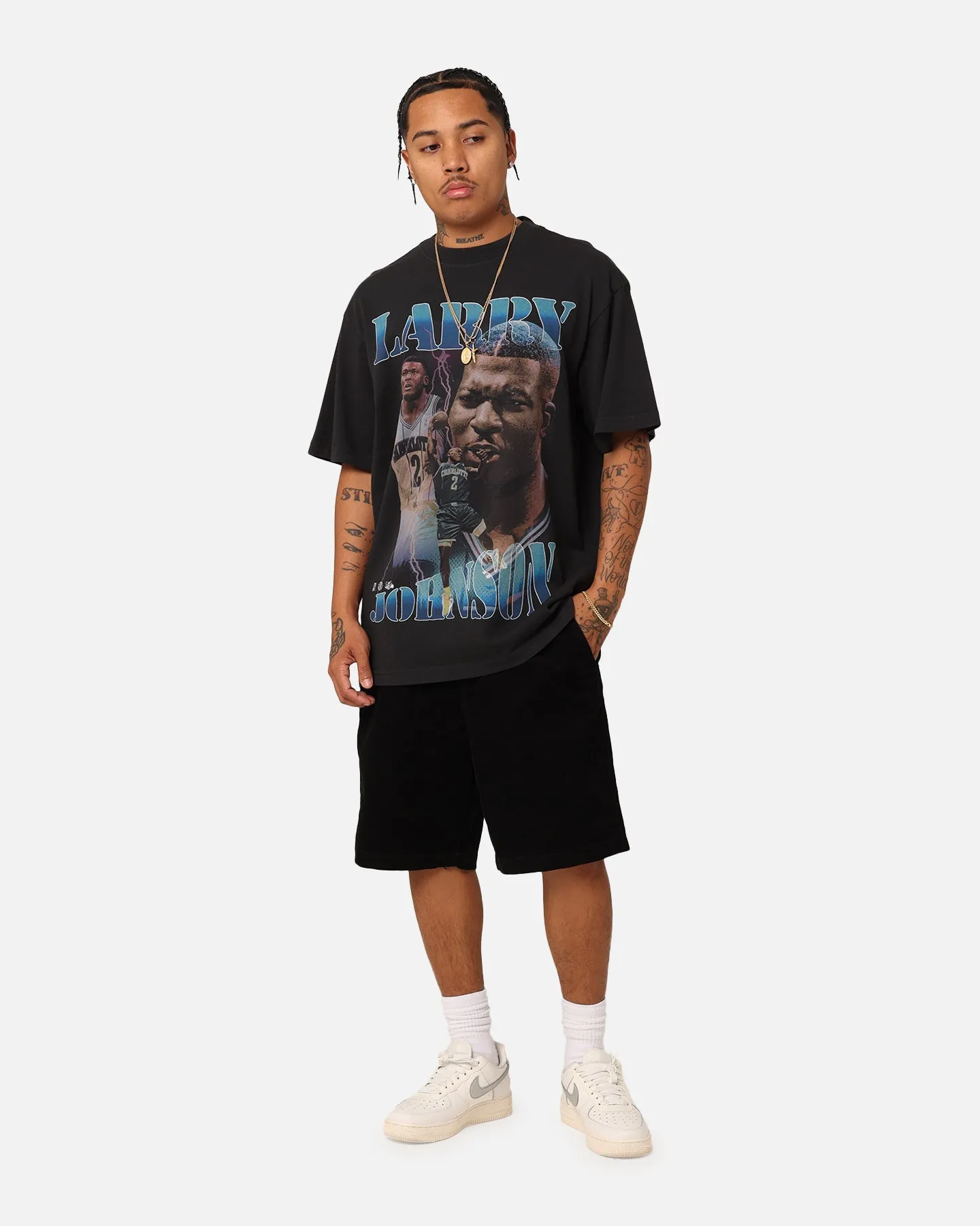Mitchell & Ness Charlotte Hornets Larry Johnson Player & Stats T-Shirt Black Non Toxic Printing Layering Options