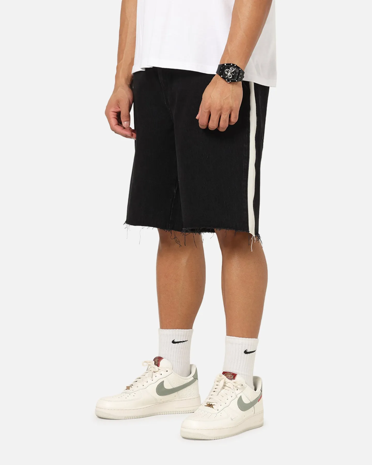Tapered ankle Side zipper Saint Morta Amplus Sidewinder Denim Jort Shorts Black/Off White