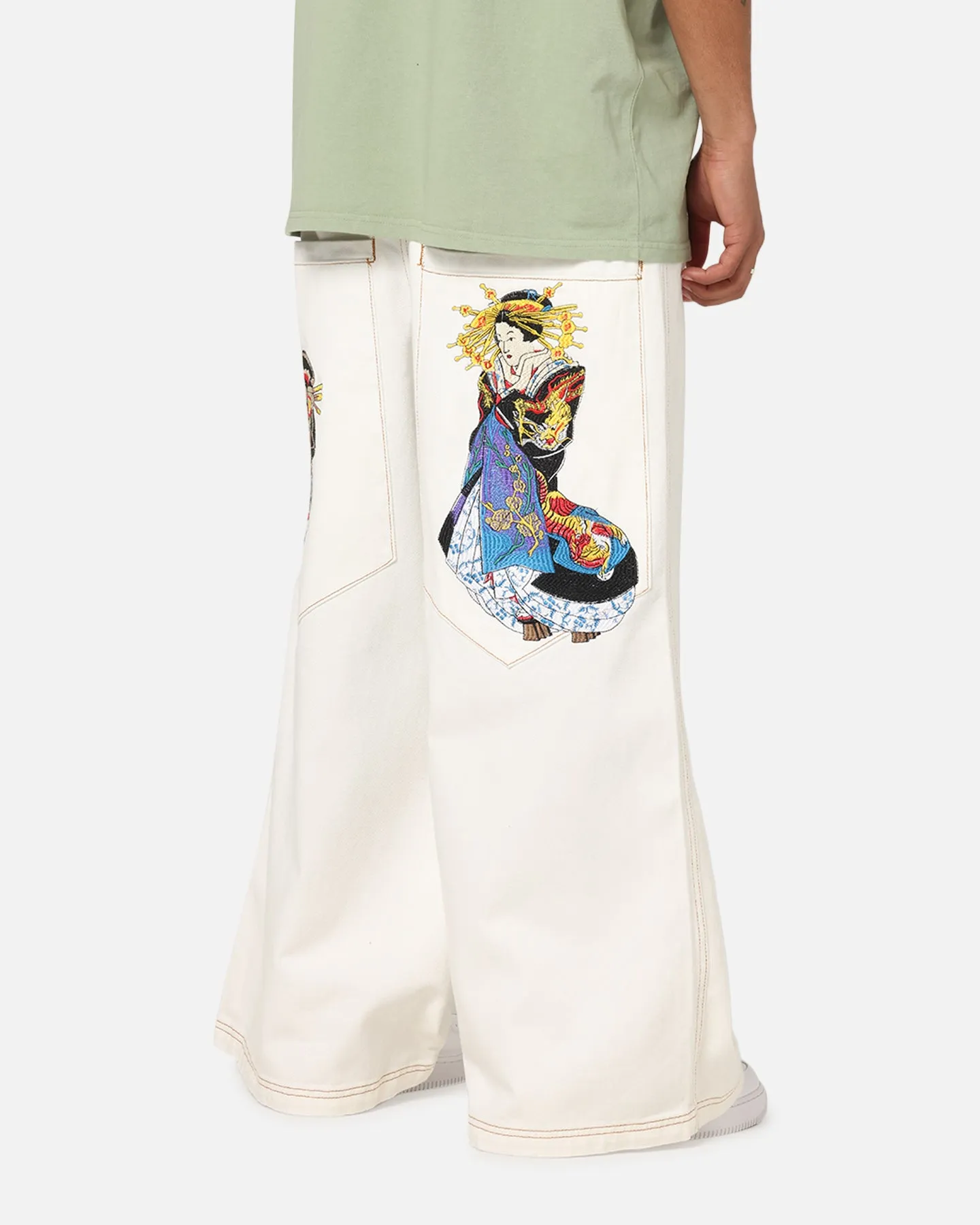 Ed Hardy Ultra Wide Leg Denim Jeans Off White/Yellow Timeless Style SnagFreeFabric