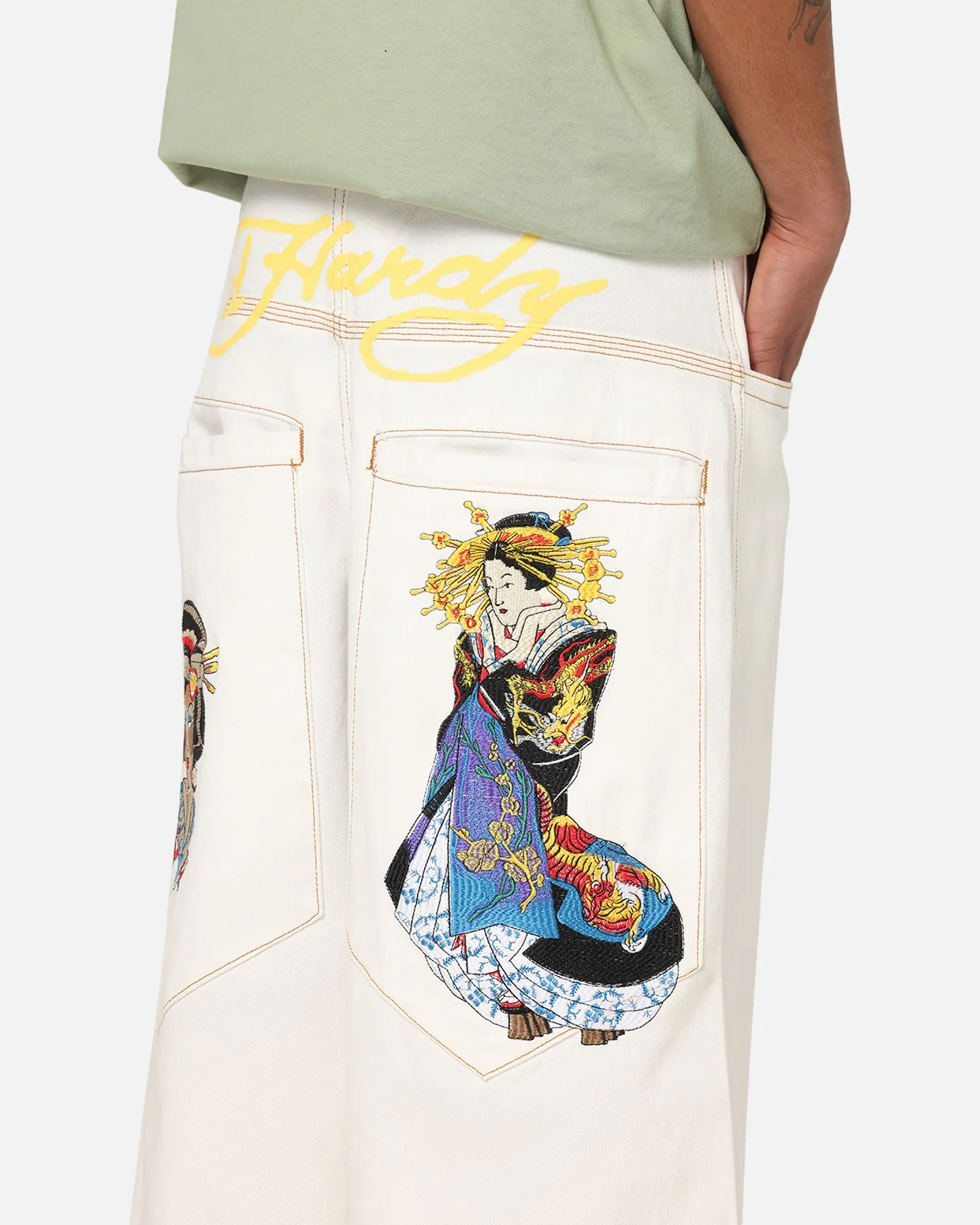 Ed Hardy Ultra Wide Leg Denim Jeans Off White/Yellow Non Bulk Day Wear