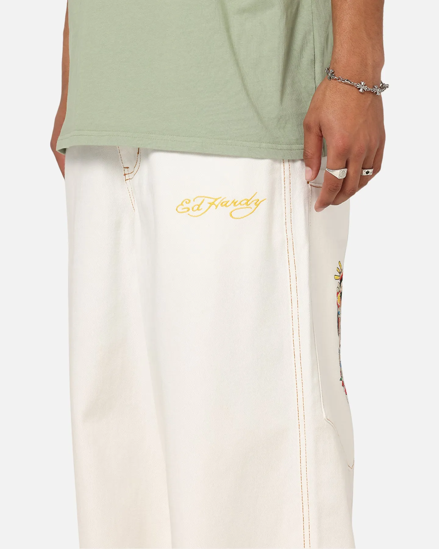 Ed Hardy Ultra Wide Leg Denim Jeans Off White/Yellow MoistureWickingLining