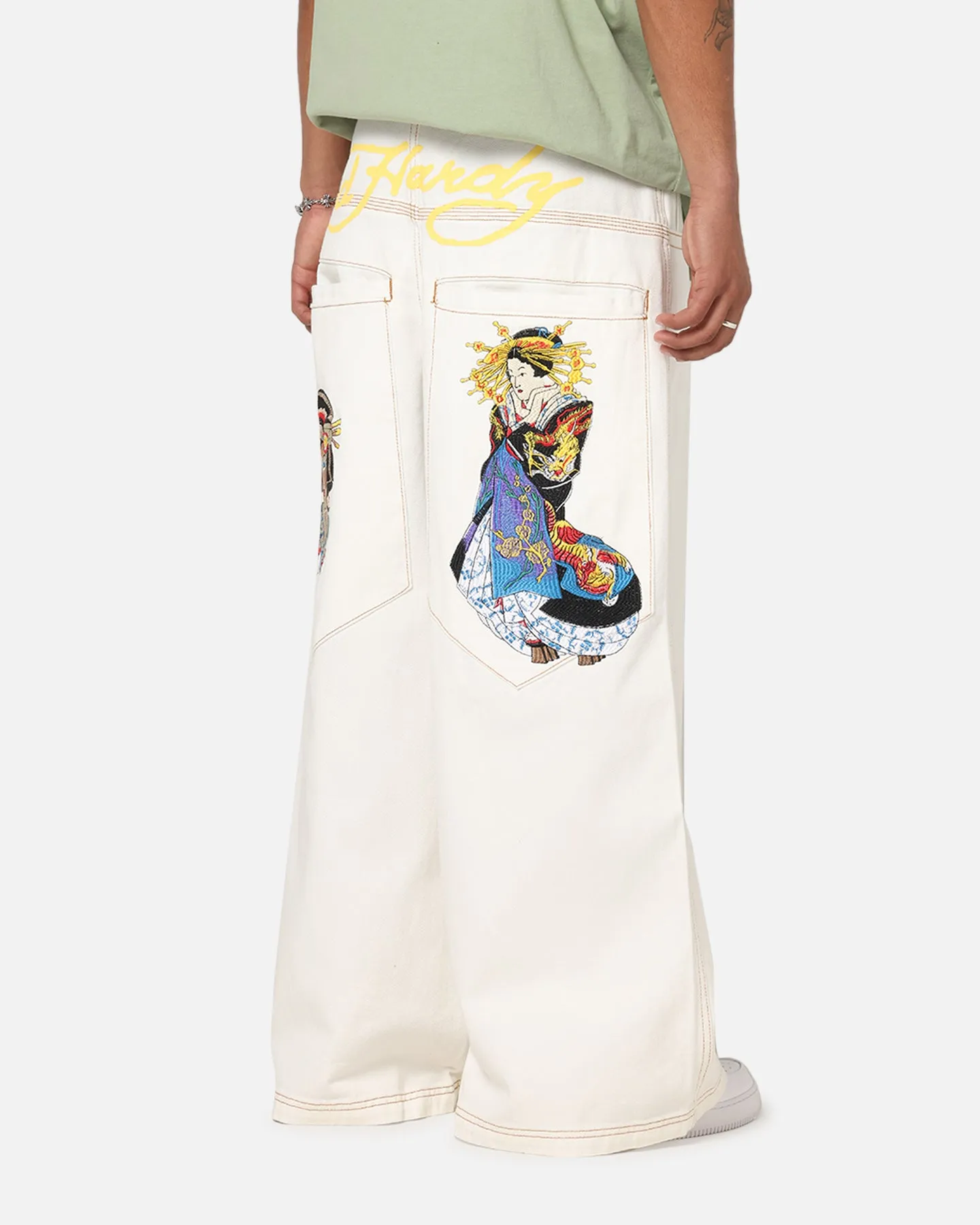 Outdoor Gear Breathable back panel Ed Hardy Ultra Wide Leg Denim Jeans Off White/Yellow
