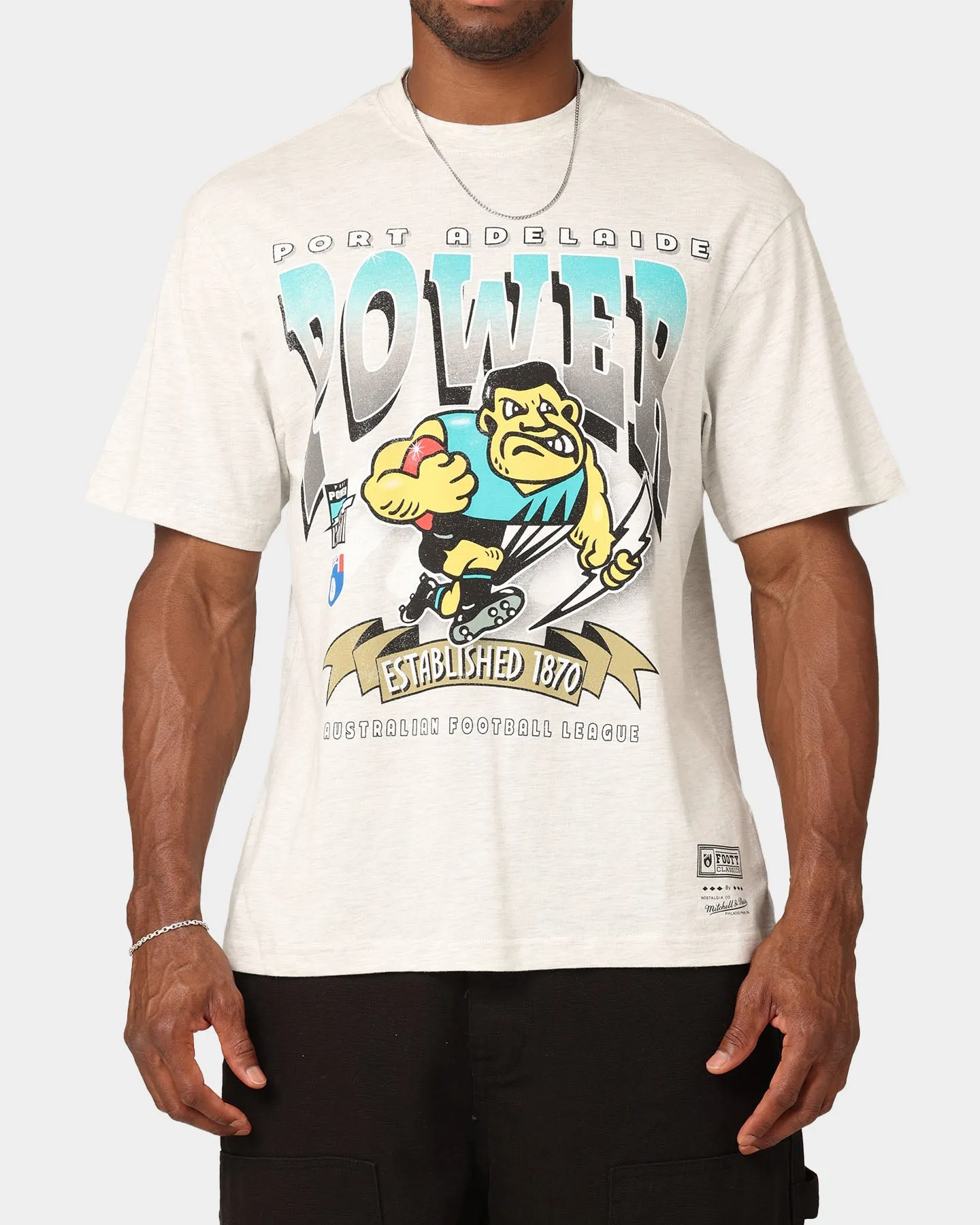 Comfy Style Stretch Jersey Knit Mitchell & Ness Port Adelaide Power Character T-Shirt Silver Marle