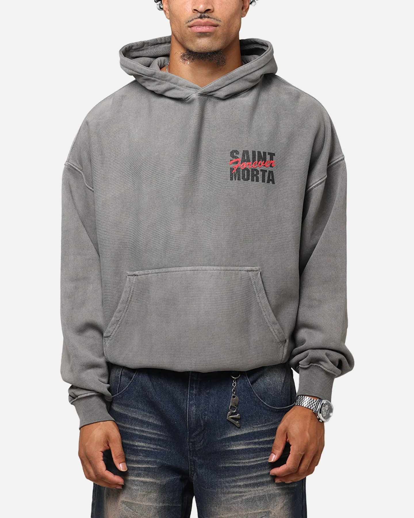 Stylish Details rhinestone accents Saint Morta Forever Boxy Hoodie Washed Charcoal