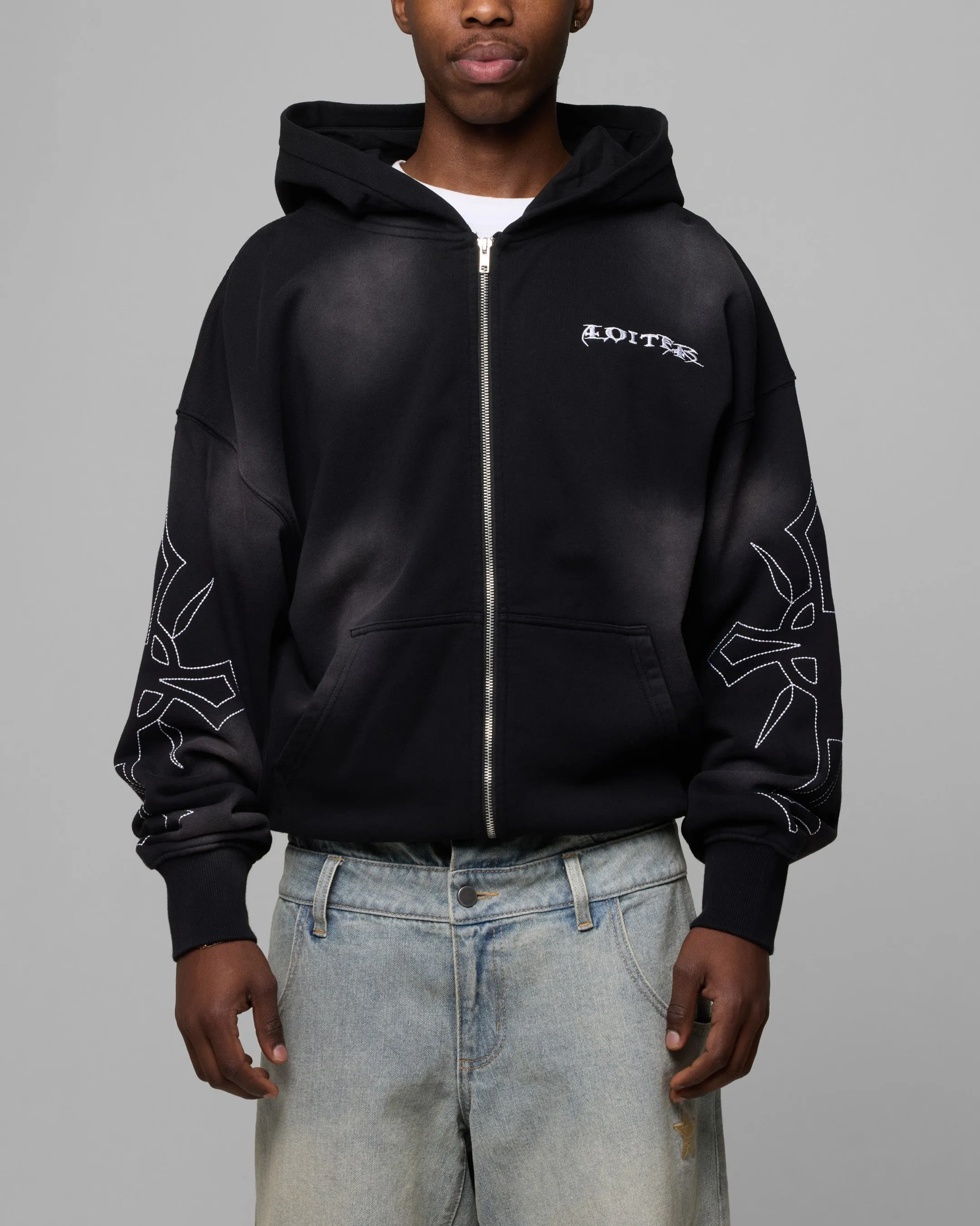 Loiter Atmosphere Full Zip Hoodie Vintage Black Adjustable Hood City Smart