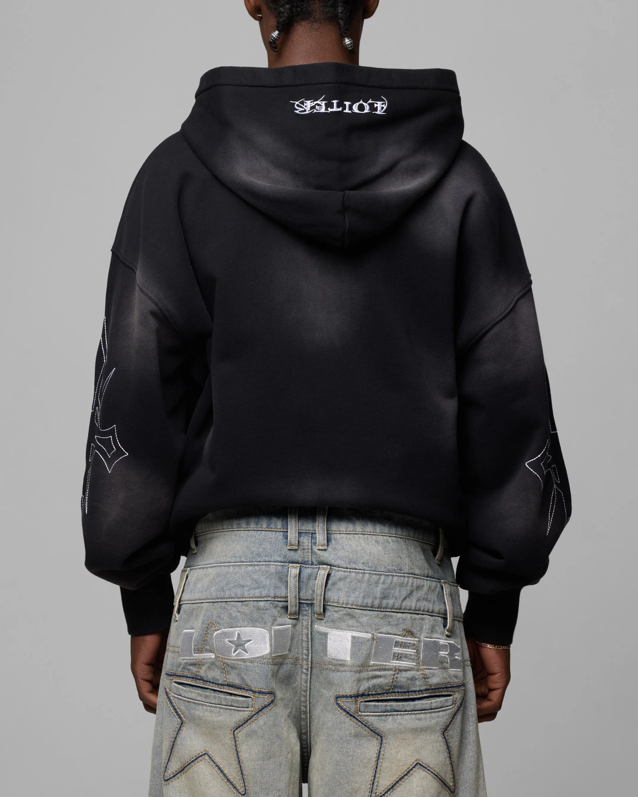 Loiter Atmosphere Full Zip Hoodie Vintage Black Non Restrictive Cut Warm Layer
