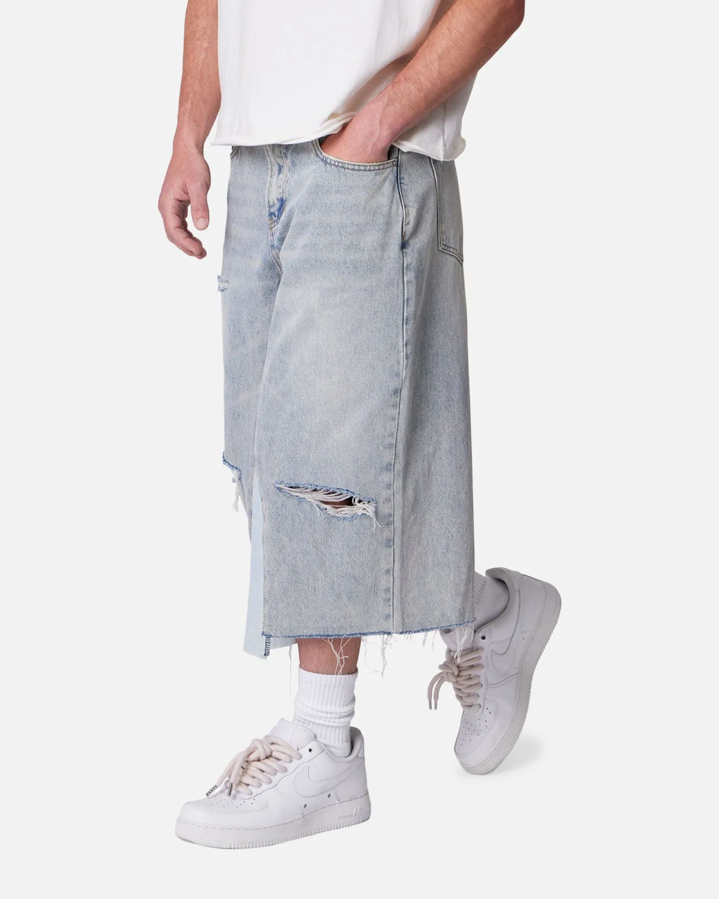 MNML Panelled Denim Shorts Light Blue Wash Chill Flex No Pinch