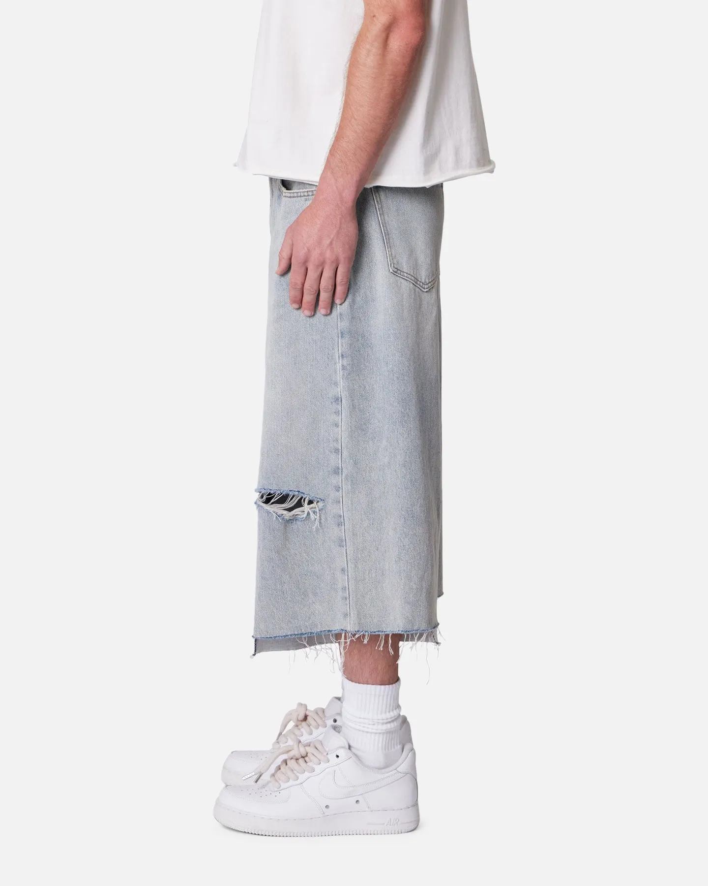 MNML Panelled Denim Shorts Light Blue Wash Ergonomic Contour Shape Easy Layer