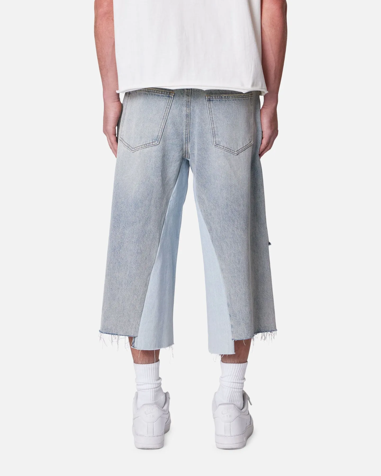MNML Panelled Denim Shorts Light Blue Wash Cargo Pockets