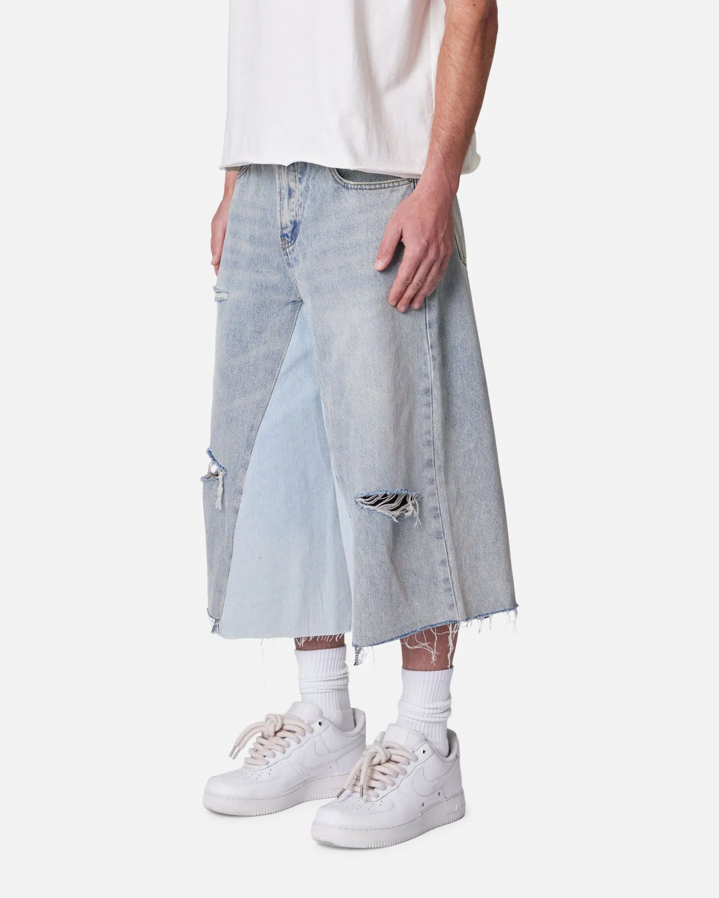 MNML Panelled Denim Shorts Light Blue Wash Weekend Wear Casual Layers