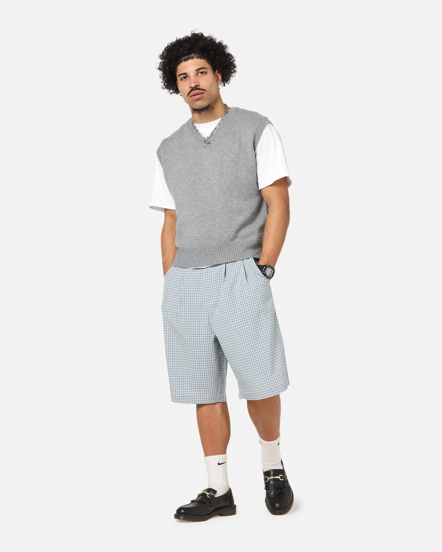 XXIII Baggy Pleated Shorts Blue Check Smart Wear Cropped hem