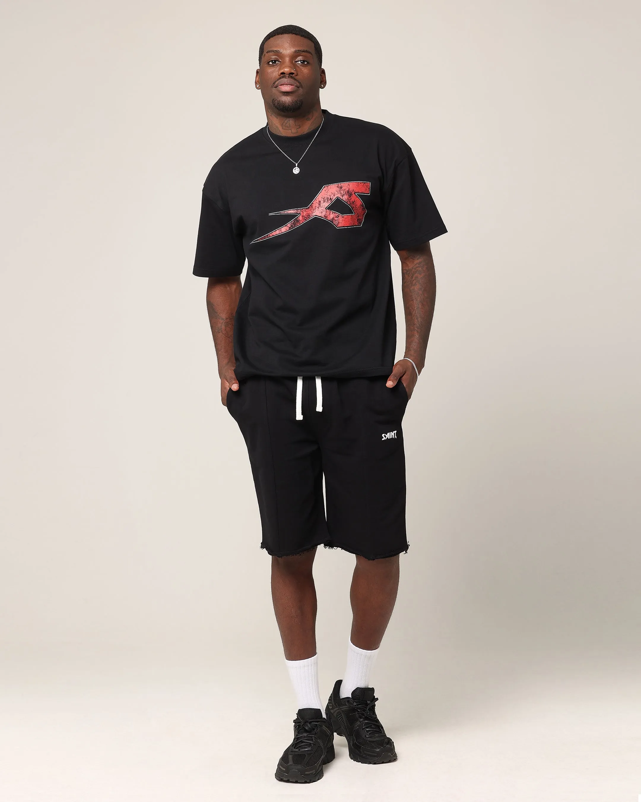 Saint Morta Ssix Drop Shoulder T-Shirt Black Curved Hem Chic Comfort Wear