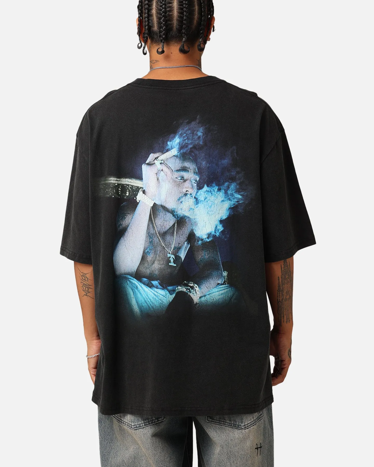 Tupac Blue Smoke T-Shirt Washed Black Comfortable apparel Comfortable Layer