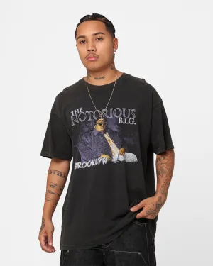 Travel Light Floral Pattern Notorious B.I.G King Of Brooklyn T-Shirt Black Wash