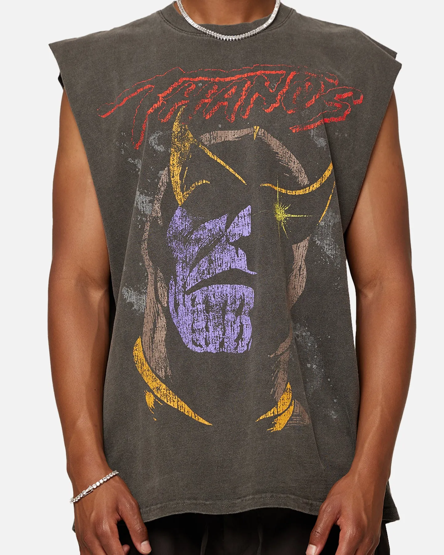 Layered Sleeve Marvel Thanos Heavyweight Vintage Muscle T-Shirt Black Wash