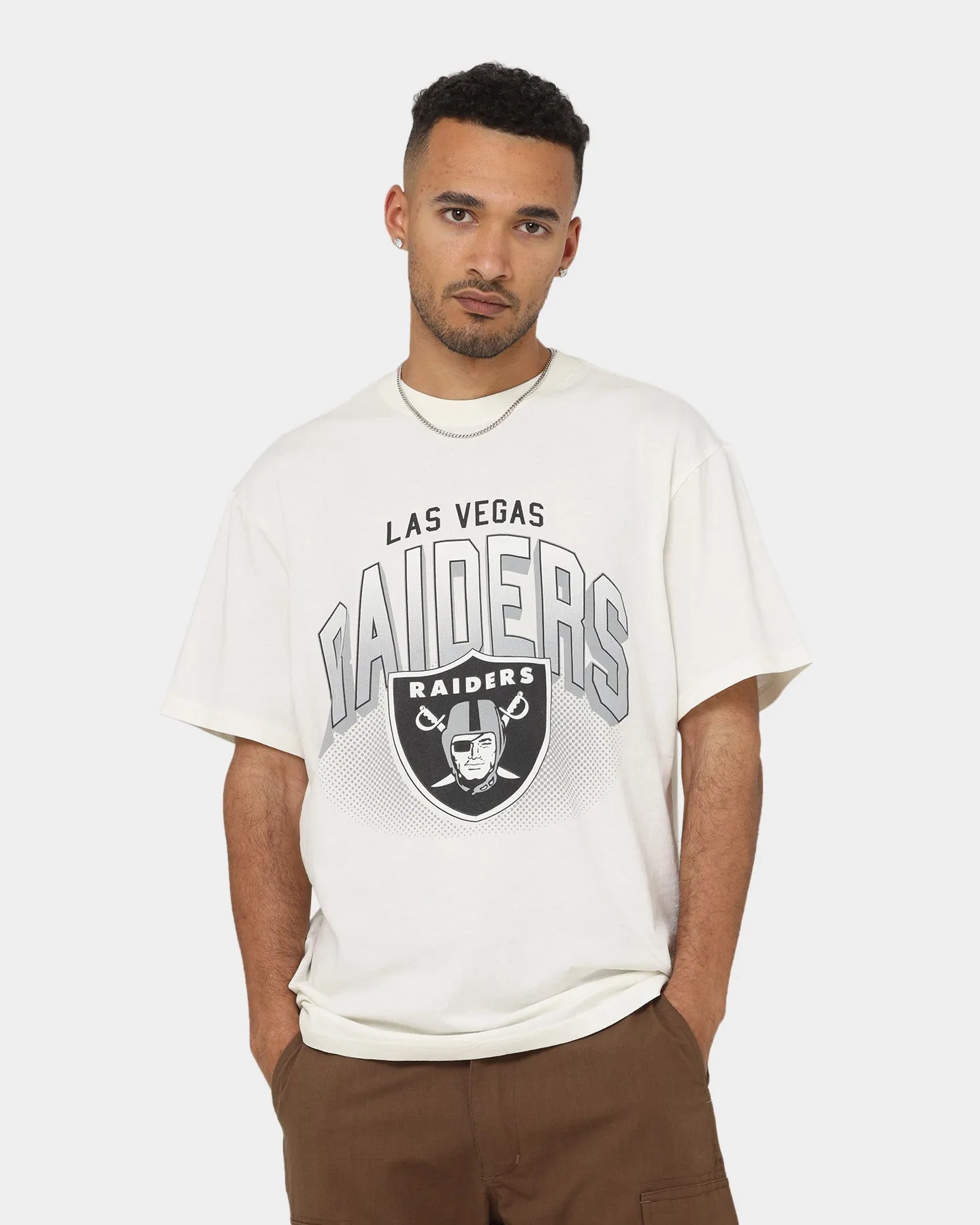 dry cleanable Majestic Athletic Las Vegas Raiders Stripe Sleeve Oversized T-Shirt Optic White