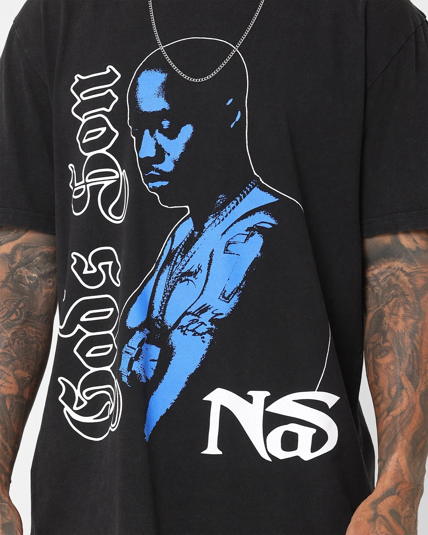 Raw Hem Finish Sporty Fashion Nas Gods Son Black T-Shirt Washed Black