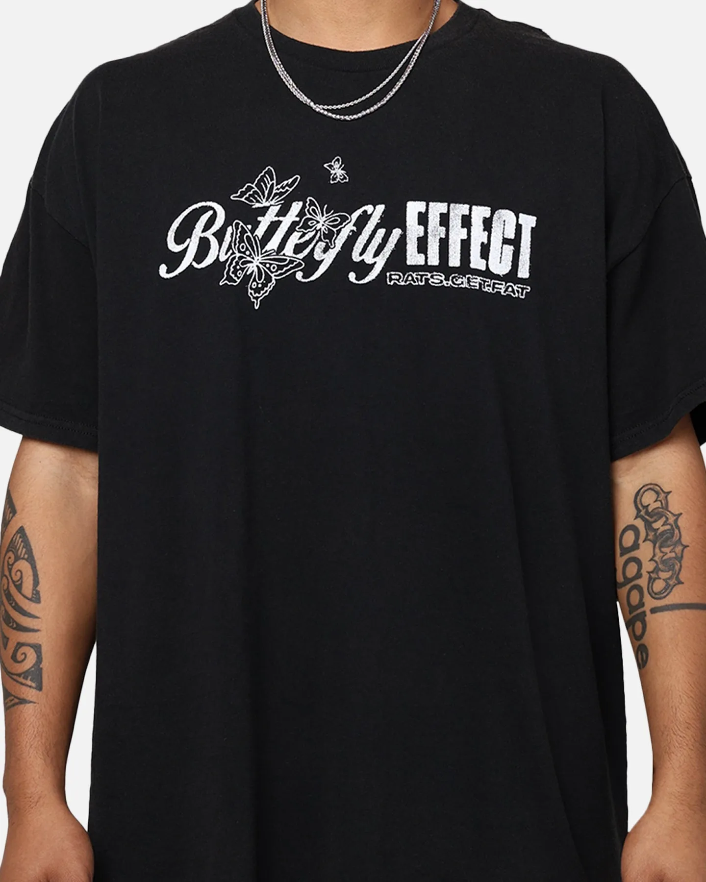 Rats Get Fat Butterfly Effect T-Shirt Black Wash Compact Stitch Pattern Classic Design