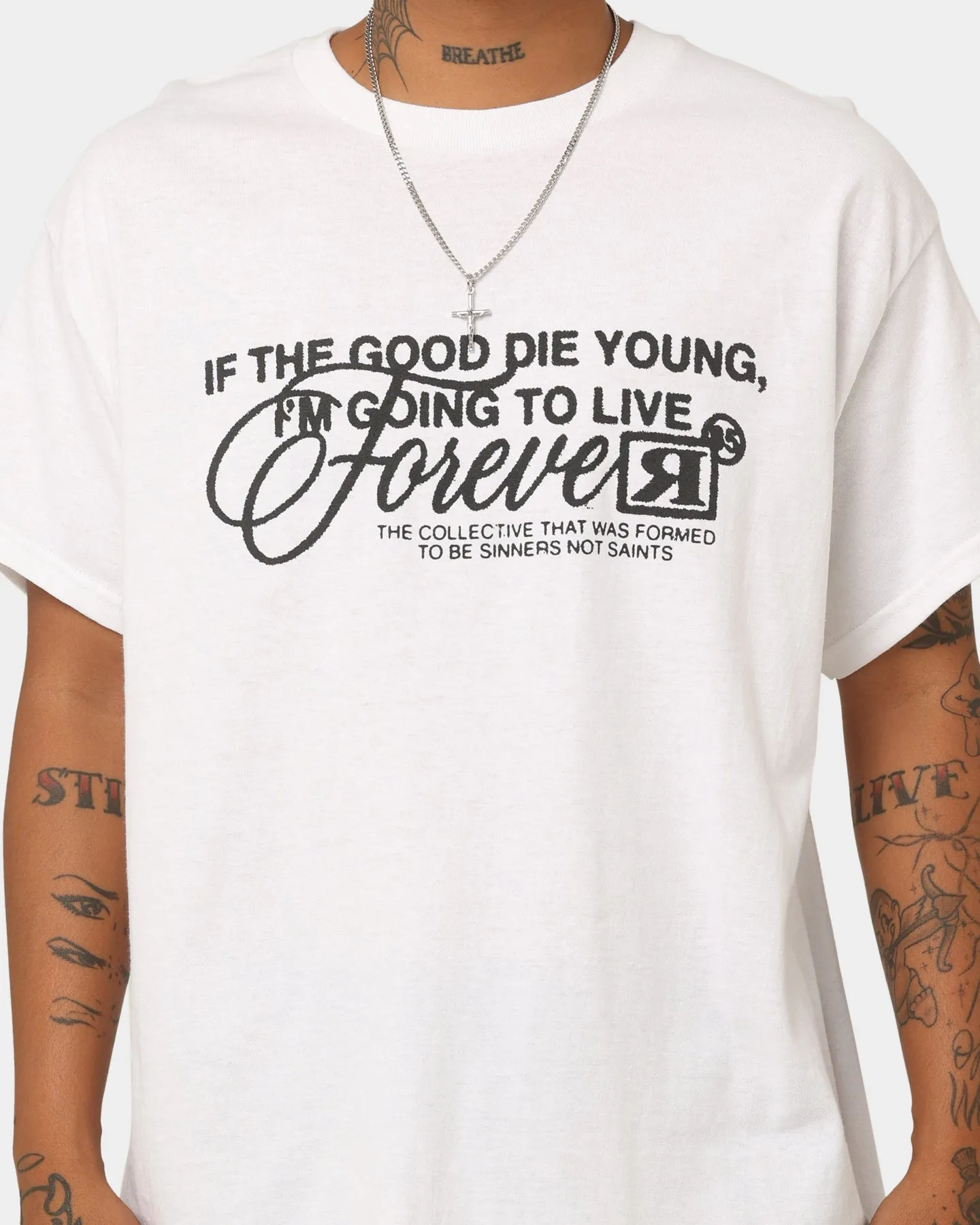 timeless Minimal Outfit Rats Get Fat Live Forever T-Shirt White