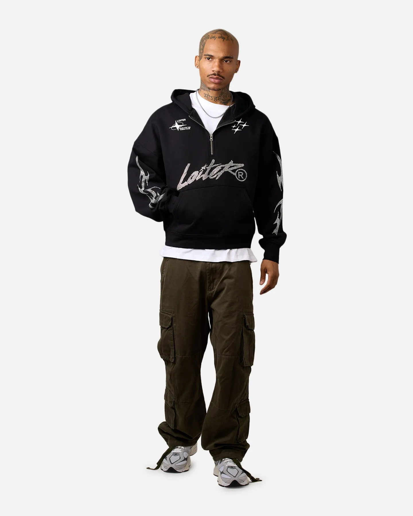 Loiter Rave Rhinestone Hoodie Black Sport Day Minimalist Outfit