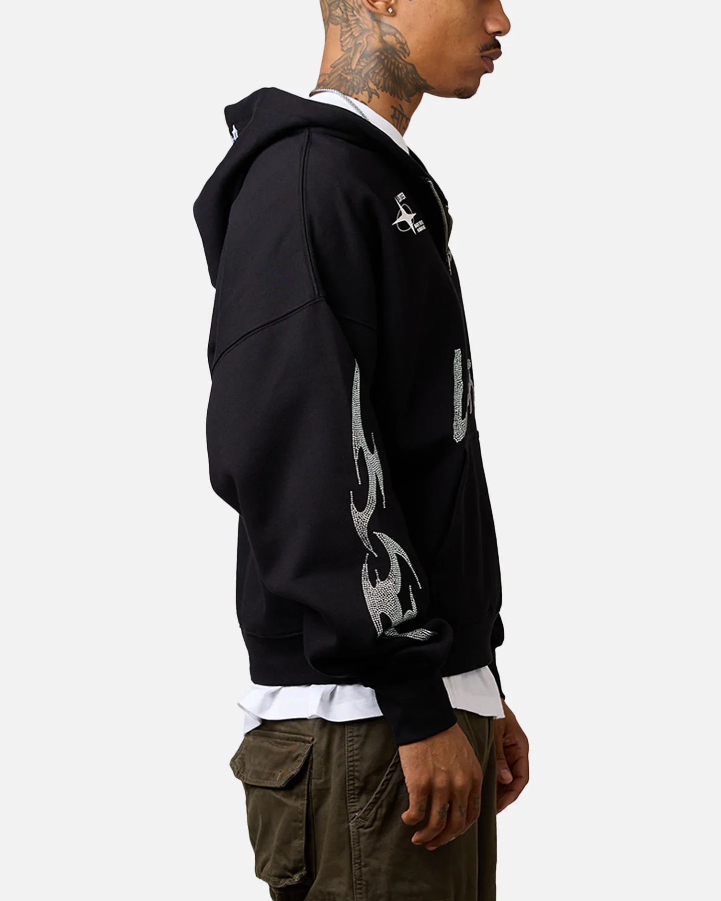 Loiter Rave Rhinestone Hoodie Black Button front UPF Protection