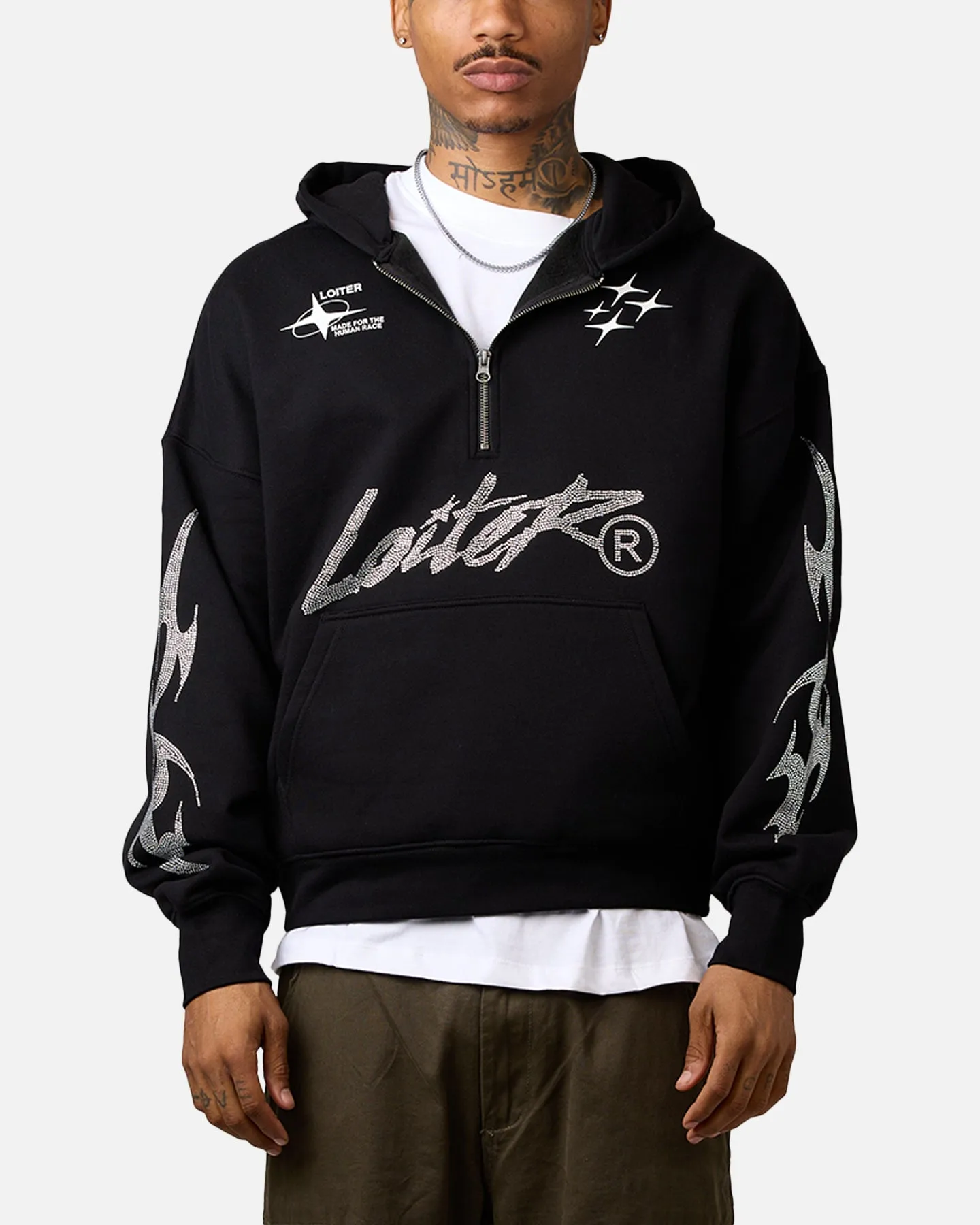 Street Scene Loiter Rave Rhinestone Hoodie Black