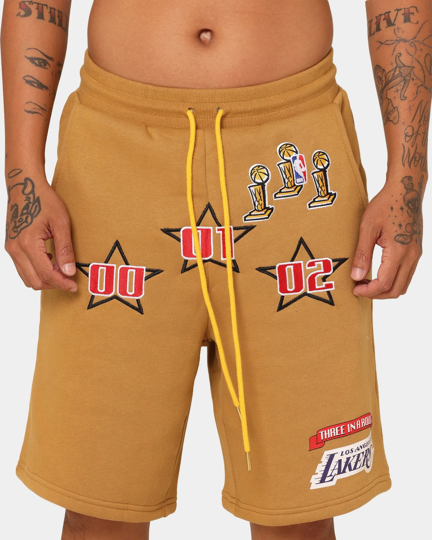 Stretchy Hemline Sporty Fit Design Mitchell & Ness Los Angeles Lakers 3-Peat Shorts Bone Brown