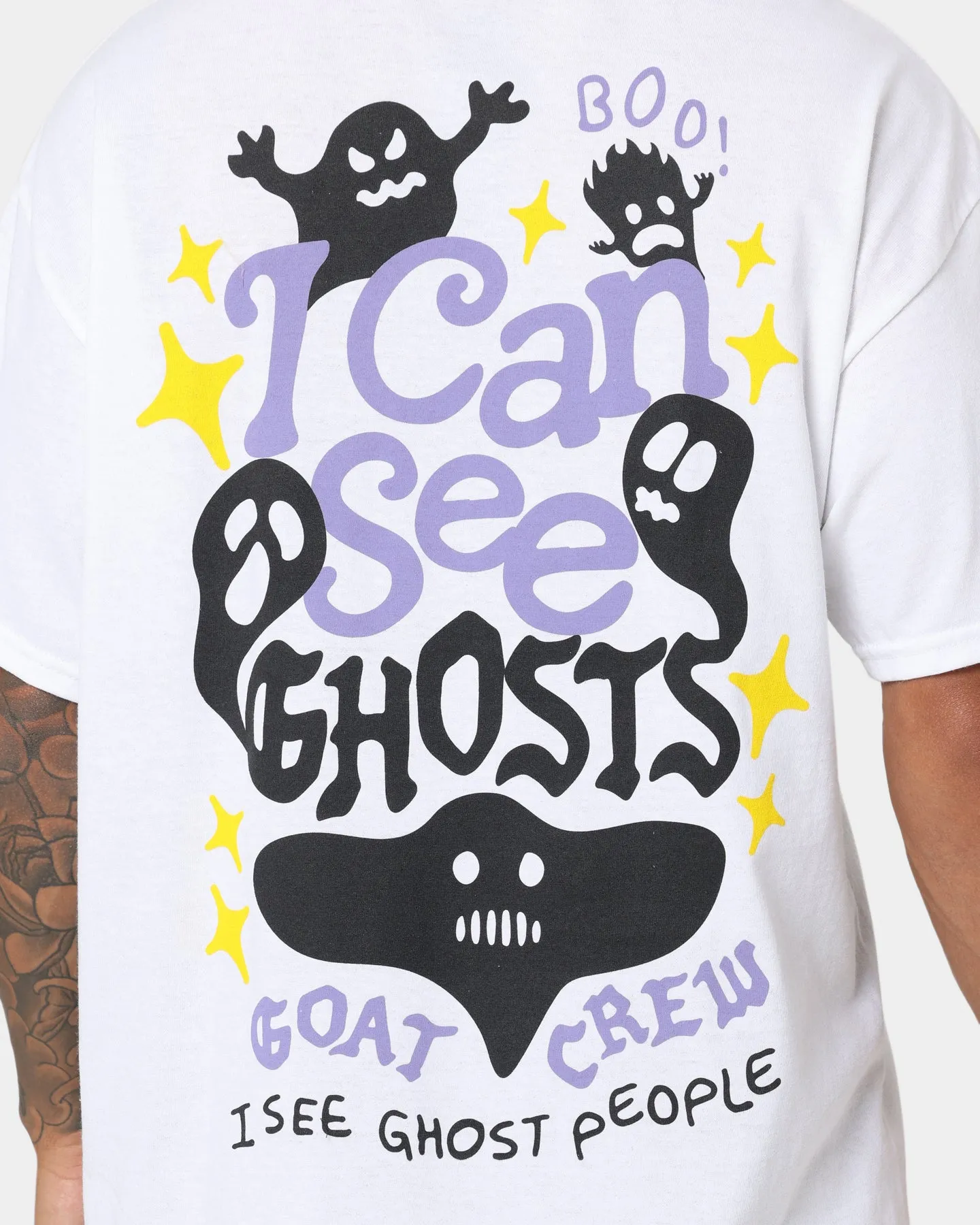 High Density Cotton Fit for Any Season Goat Crew I Can See Ghosts All Over Print T-Shirt White