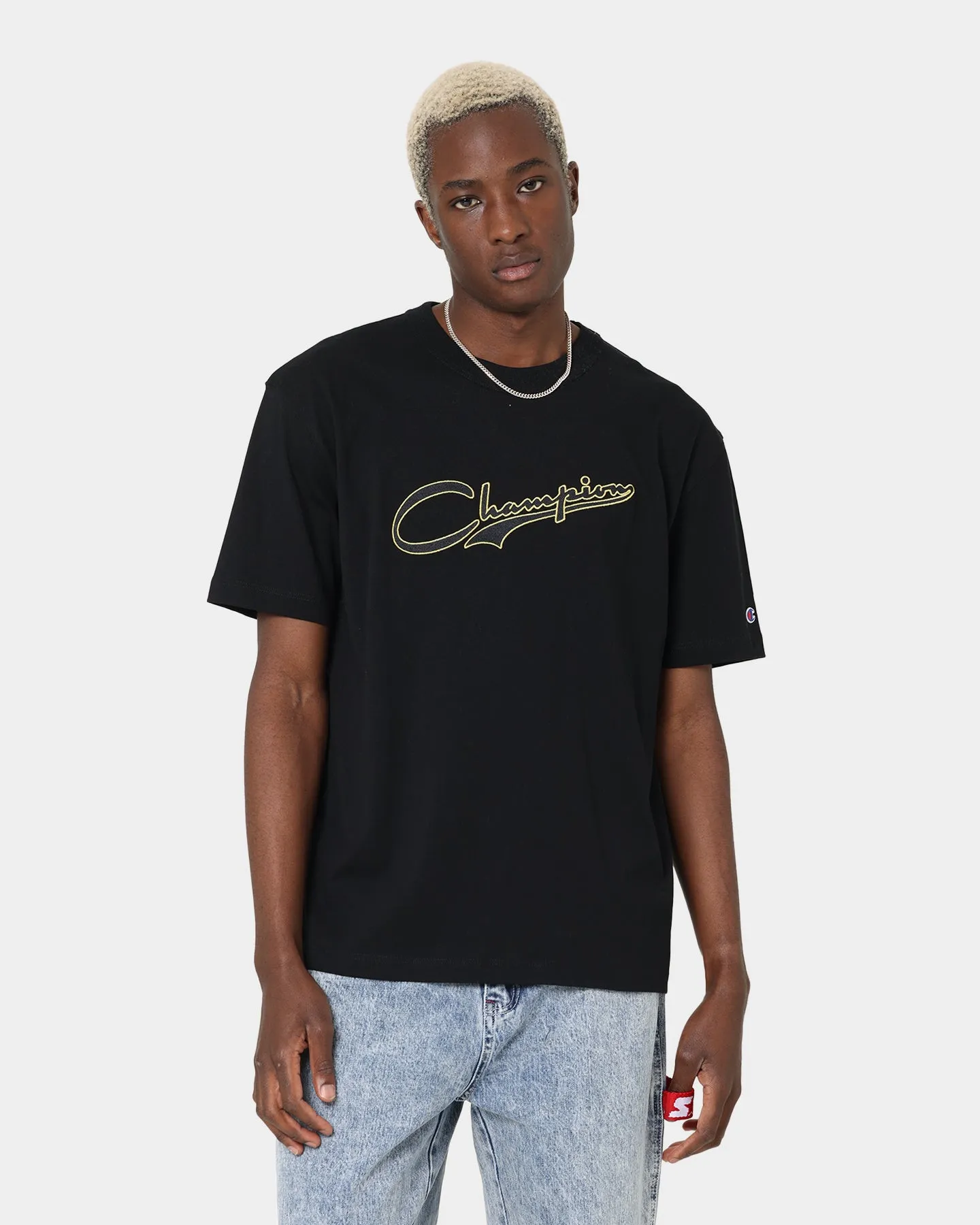 Champion Heritage Collegiate T-Shirt Black/Gold Trendy Vibe Self Fabric Tape