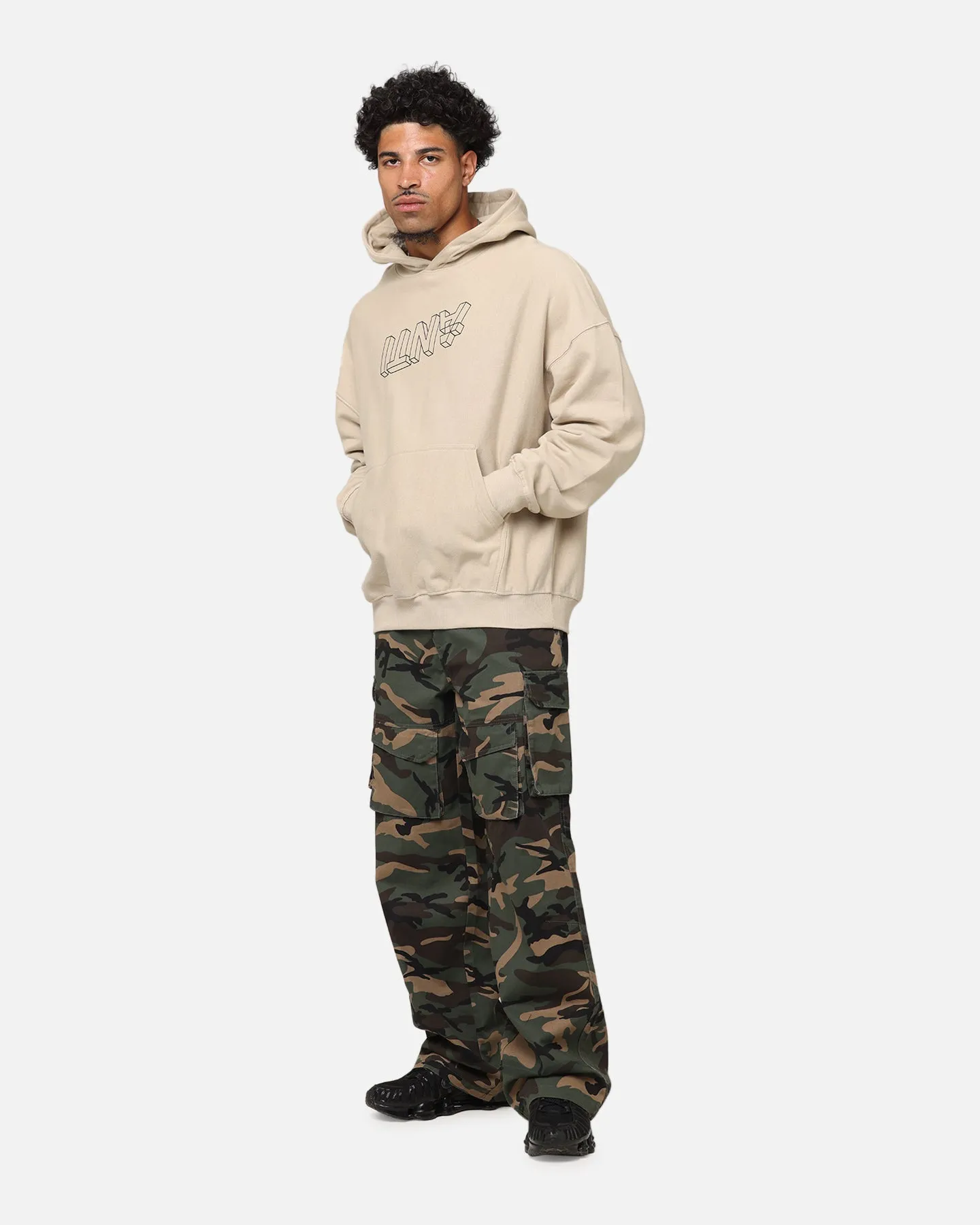 The Anti Order Dimension Boxy Hoodie Stone Chiffon details Bold Print