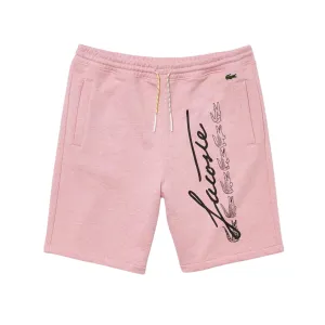 Sport Glow Adjustable Drawcord Lacoste Men's Signature Print Cotton Fleece Shorts (Pink)