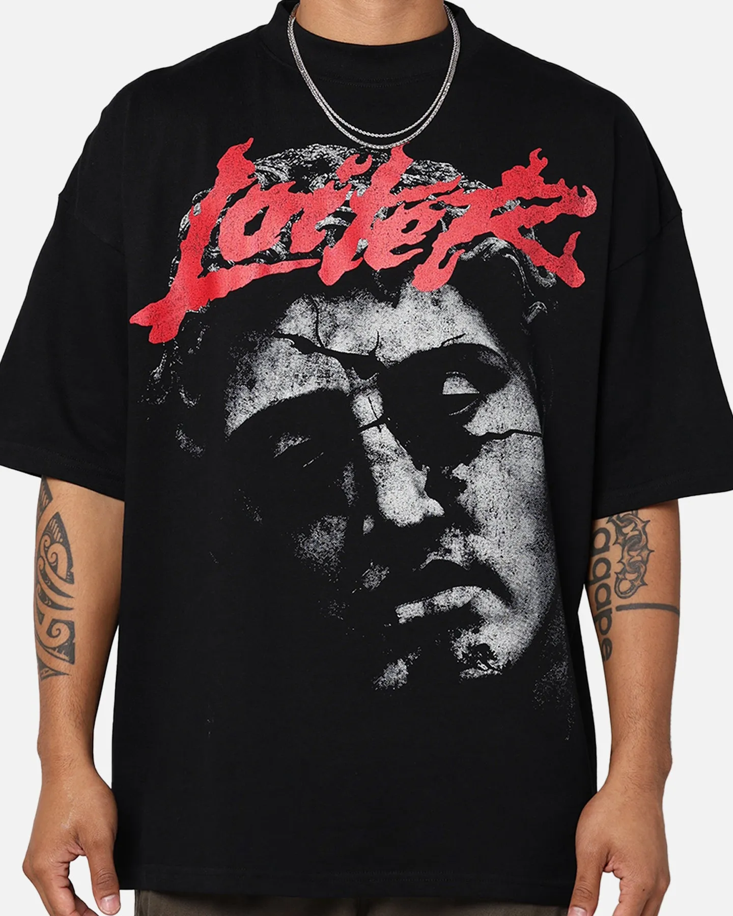 Stretch Knit Ribbed Collar Trim Loiter Search And Destroy Oversized T-Shirt Black