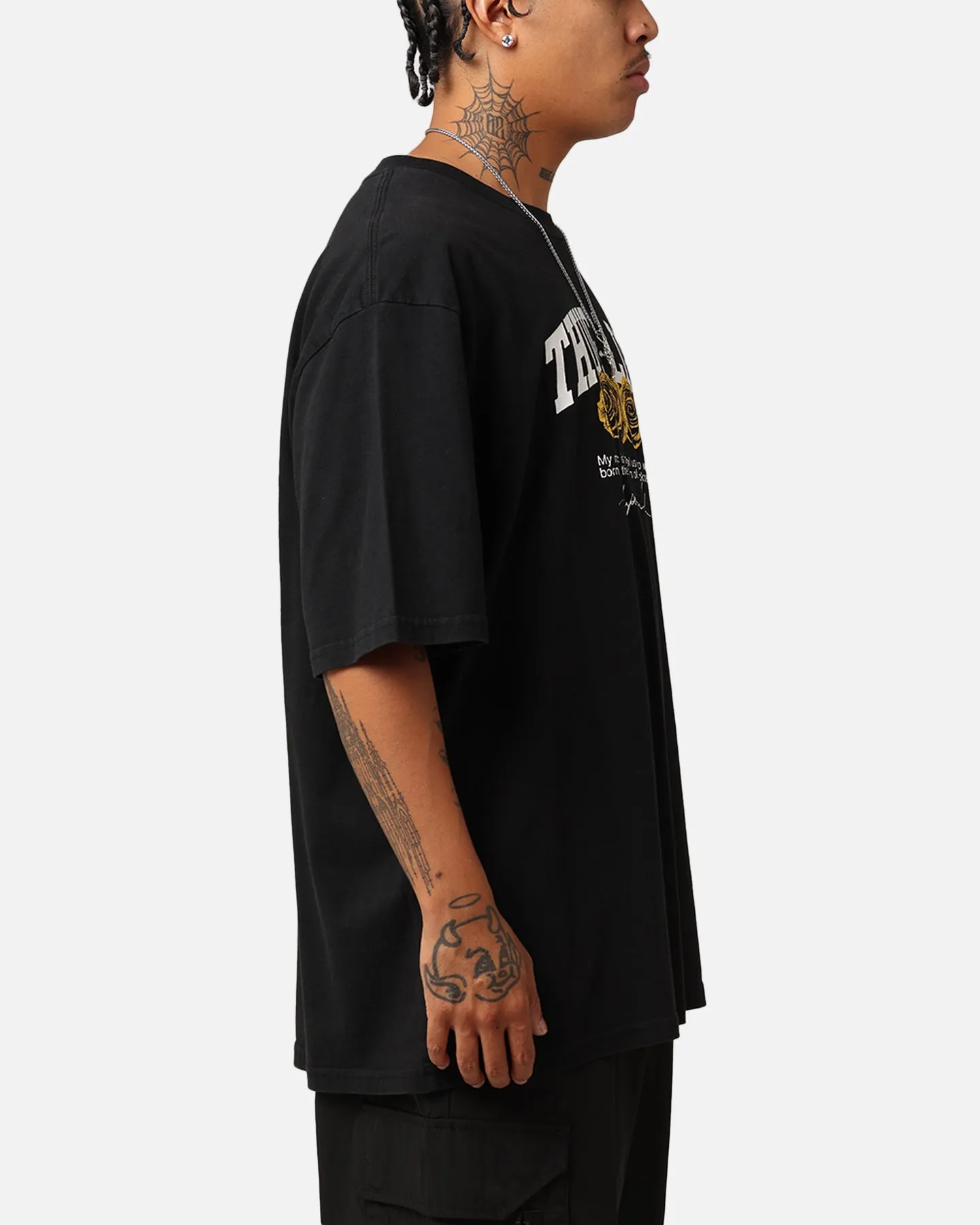 Tupac Thug Life Rose T-Shirt Washed Black Everyday Comfort Pre Shrunk Fabric