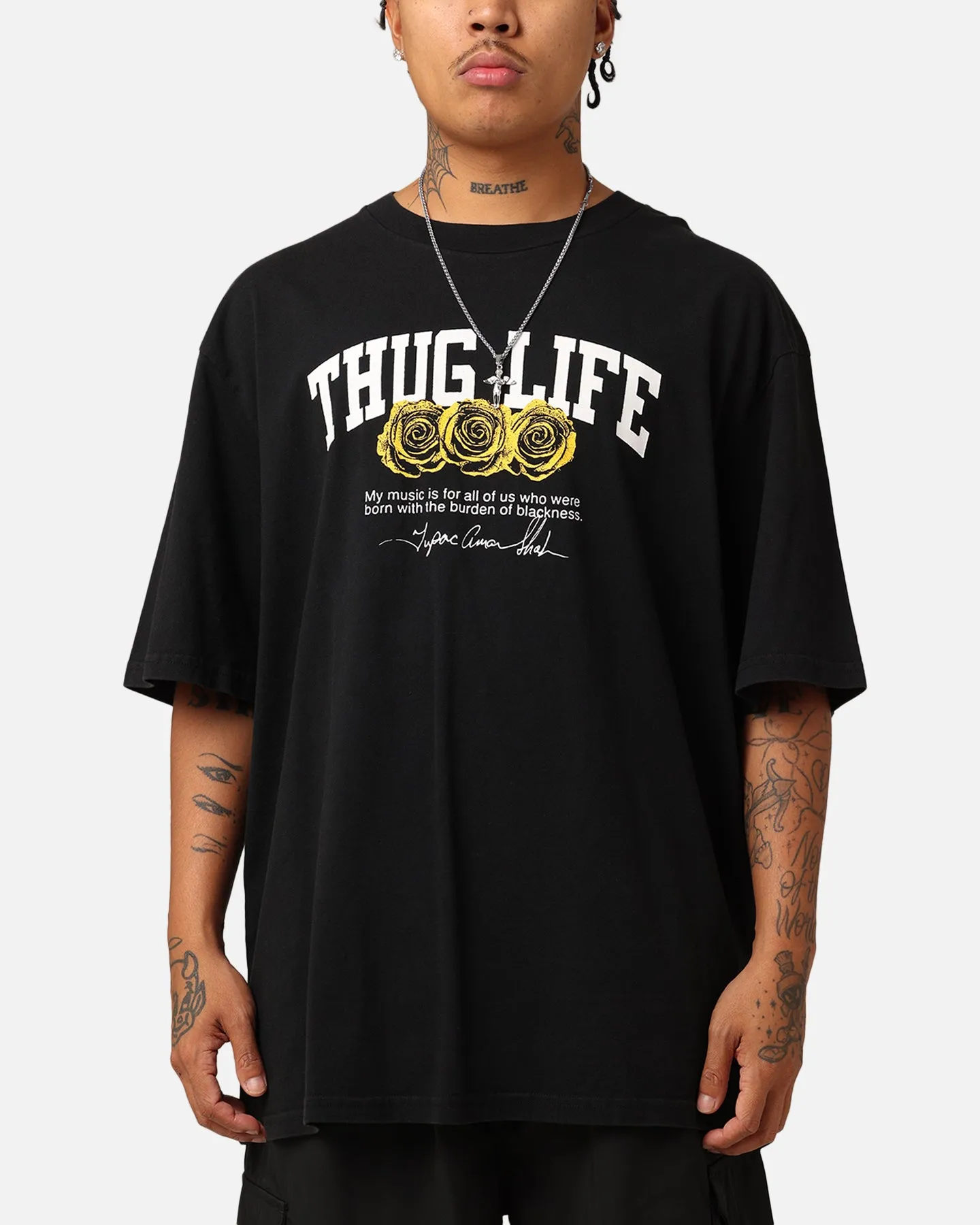 Classic Layer Spandex Enhanced Elasticity Tupac Thug Life Rose T-Shirt Washed Black