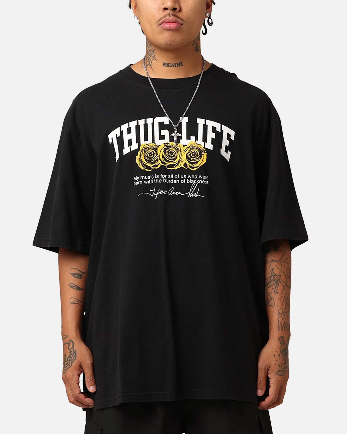 Tupac Thug Life Rose T-Shirt Washed Black Wrinkle Resistant Finish Anti microbial coating