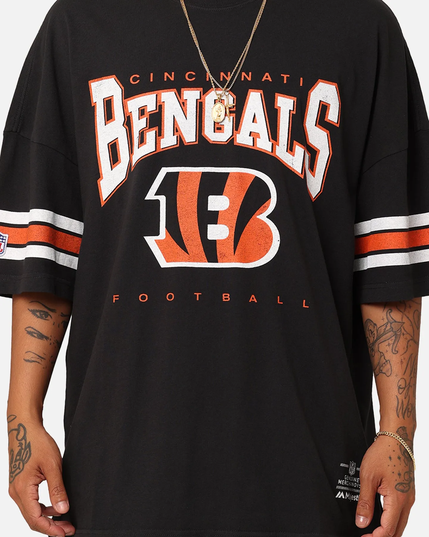 Seasonal Comfort Style sports activity Majestic Athletic Cincinnati Bengals Vintage Sport Striped Sleeve T-Shirt Faded Black
